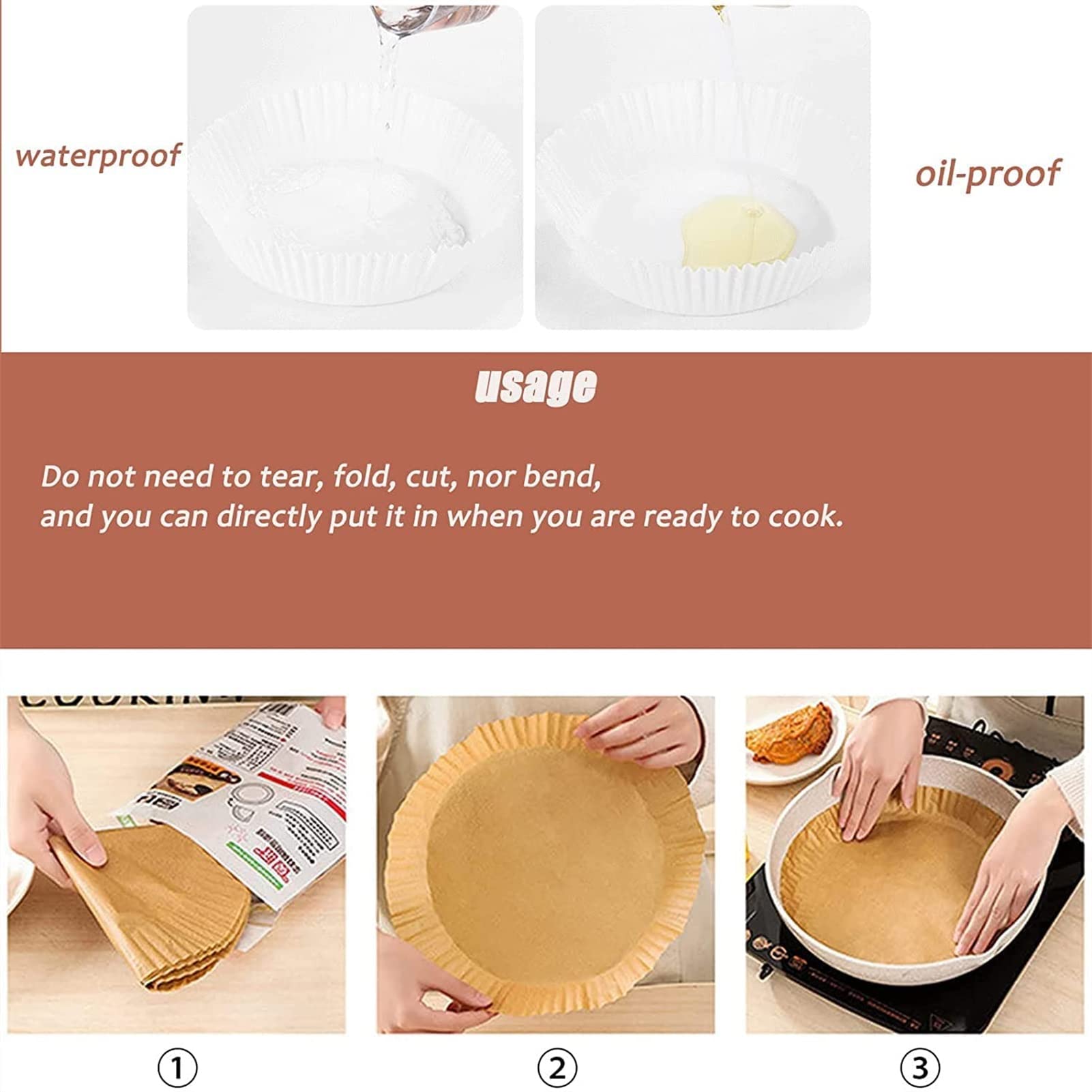 **Non-Stick Air Fryer Parchment Paper Liners - 7.9/6.3 Inch Unperforated Round Basket Liners, 100PCS Natural Brown Disposable Liners for Healthy Cooking | Perfect for Air Fryers, Baking, Roasting & Meal Prep**