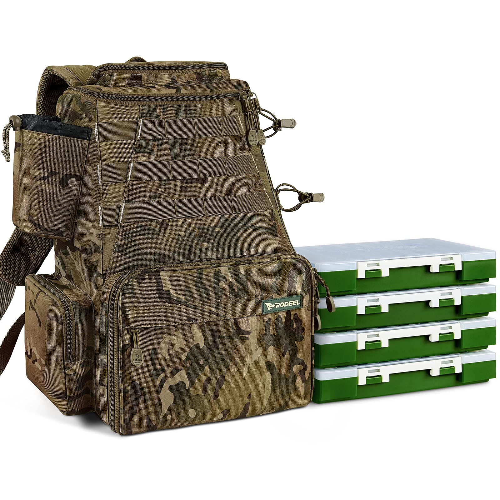 Rodeel Fishing Tackle Backpack with 2 Rod Holders & 4 Tackle Boxes - Large Storage Fishing Gear Backpack for Trout, Bass, Saltwater Fishing | Perfect for Outdoor Sports, Camping, Hiking & Travel