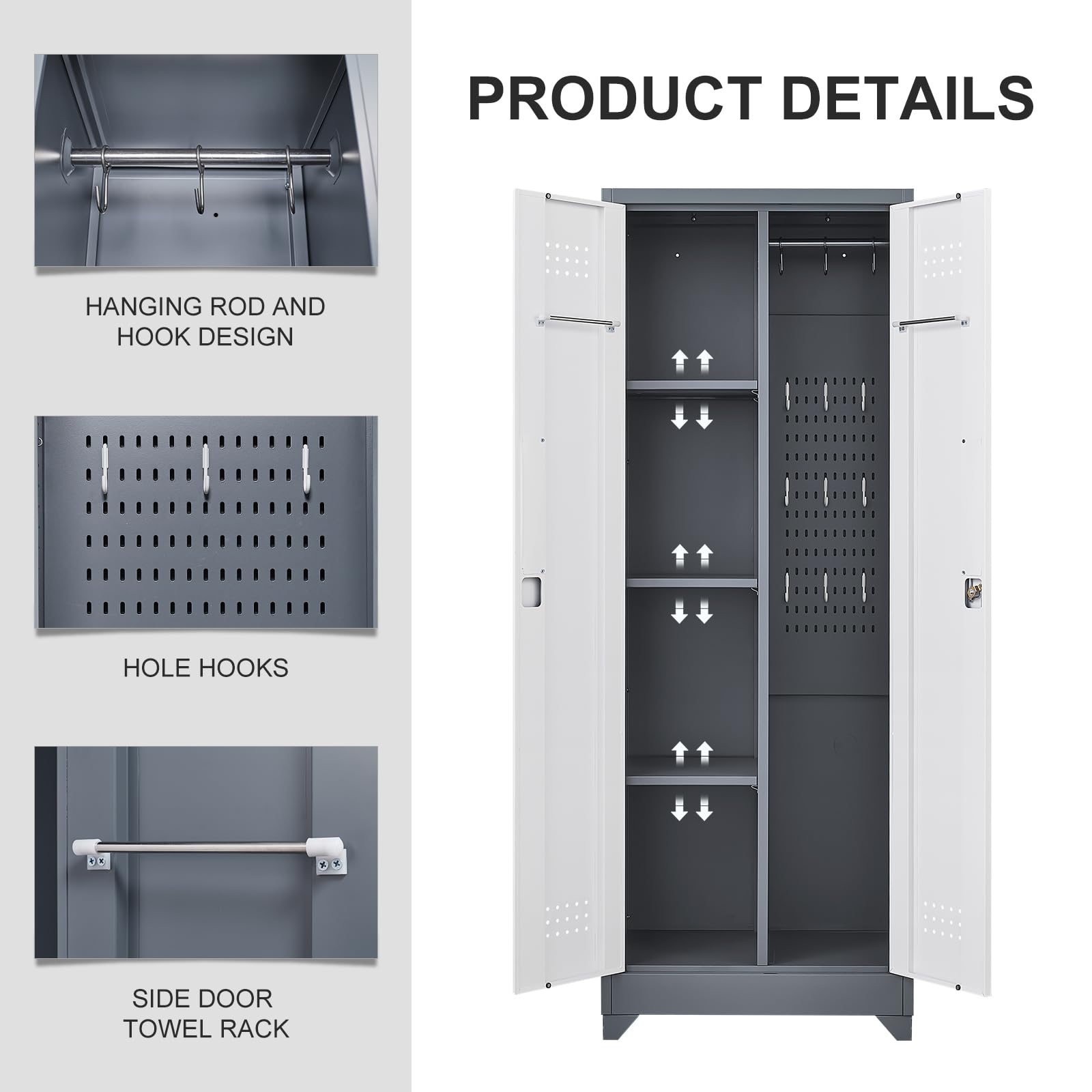 GREATMEET Heavy Duty Metal Storage Cabinet with Adjustable Shelves - Broom Closet Organizer with Pegboard & Hanging Rod - Locking Tall Utility Cabinet for Cleaning Tools - Perfect for Bathroom, Garage, Laundry Room & Mudroom Organization