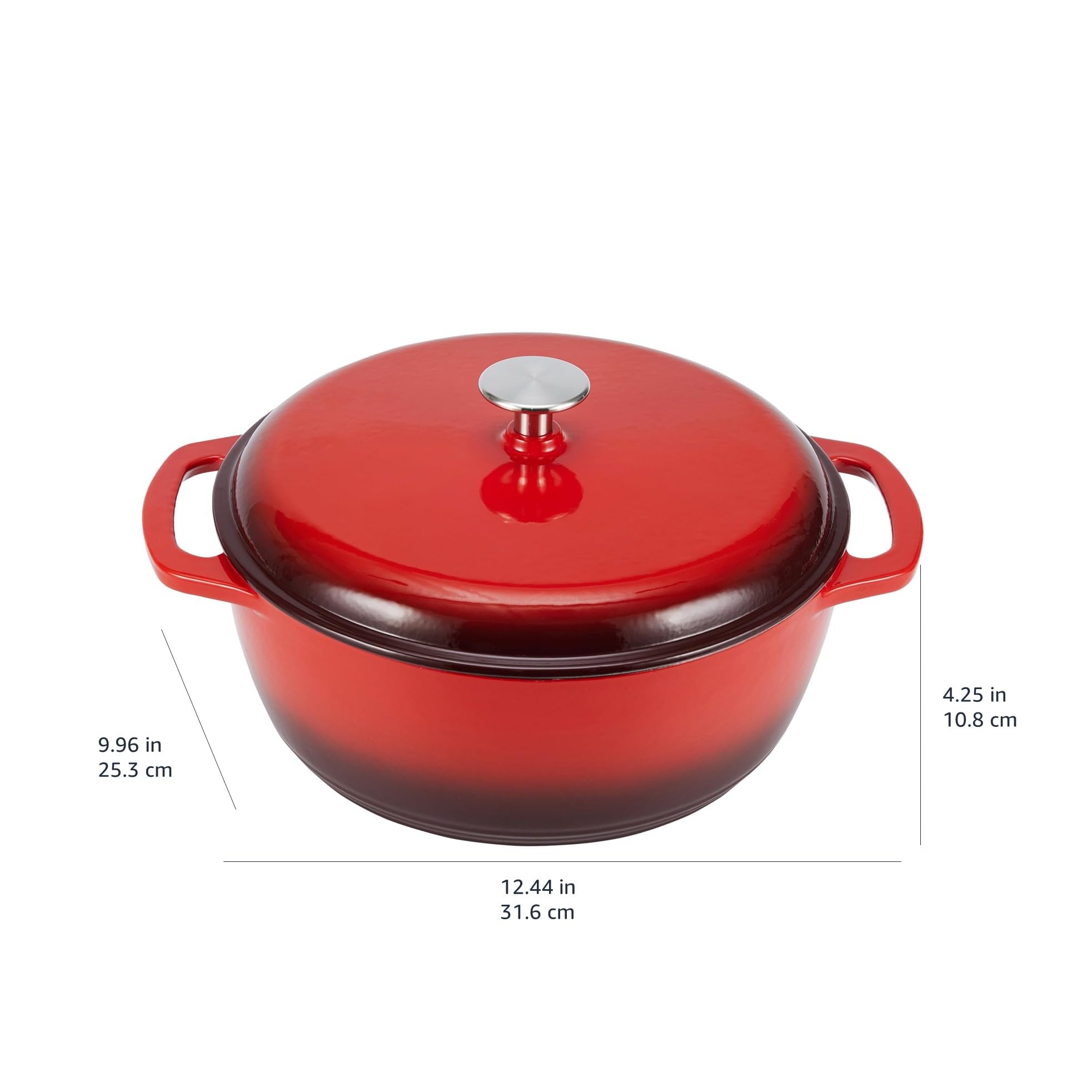 Amazon Basics Enameled Cast Iron Dutch Oven with Lid - 4.3 Quart Round Heavy-Duty Pot with Dual Handles, Red - Perfect for Braising, Stewing & Baking at Home or Camping