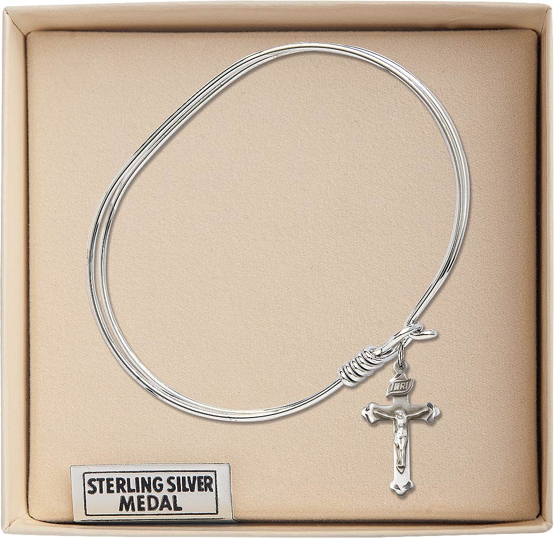 Sterling Silver Oval Eye Hook Bangle Bracelet with Crucifix - Elegant Religious Jewelry for Women, Perfect for Church, Weddings & Everyday Wear