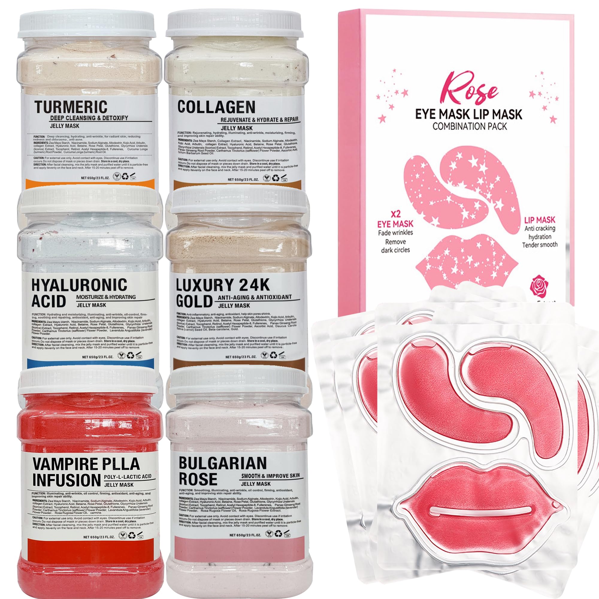 6 Jar DIY Jelly Face Mask Powder Kit - 10 Pairs Rose Eye Patches & 10Pcs Rose Lip Mask Set for Hydrating, Brightening & Anti-Aging - Perfect for Spa Night, Self-Care Routine & Gift Giving