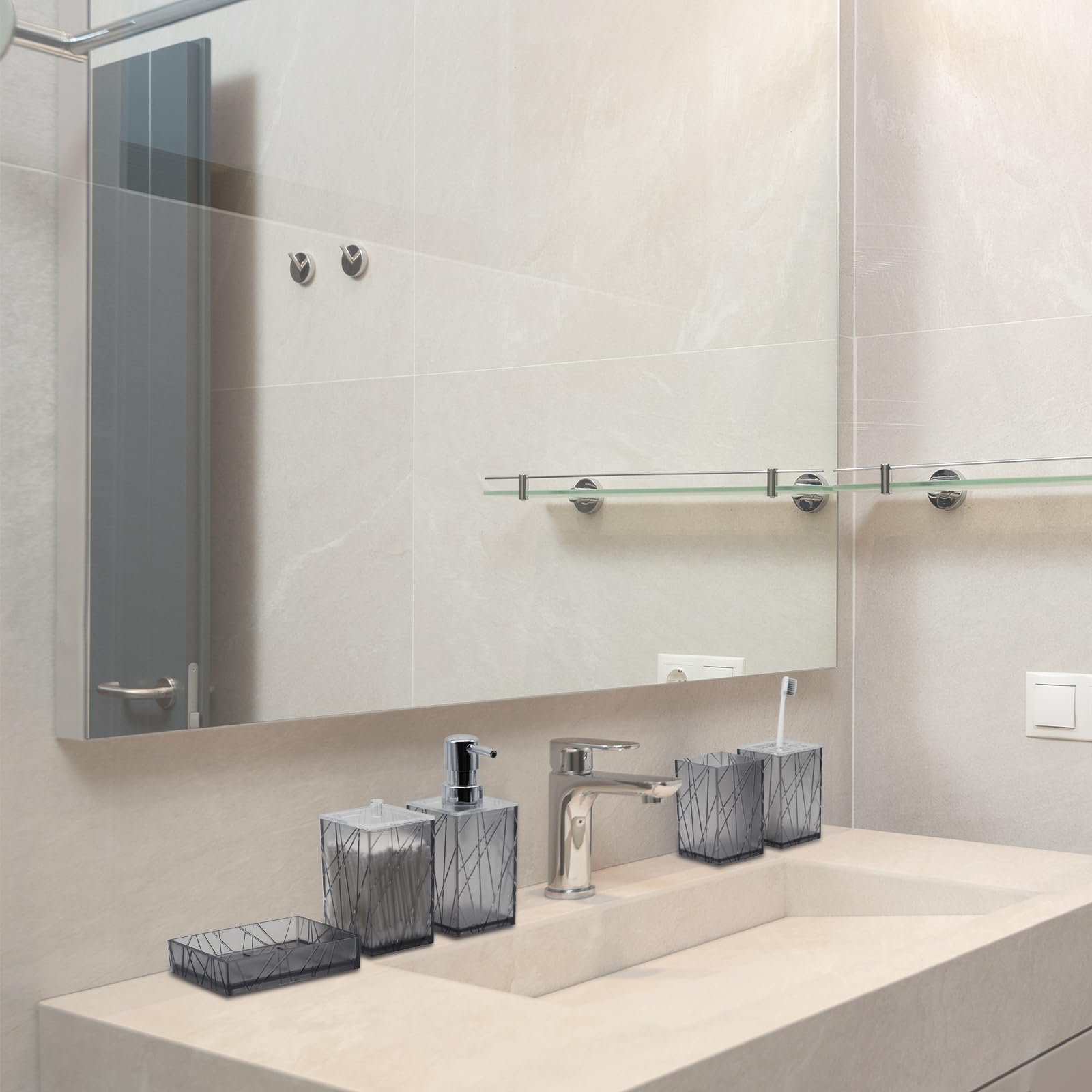6-Piece Grey Bathroom Accessory Set - Soap Dispenser, Toothbrush Holder, Cup, Soap Dish, Toilet Brush with Holder & Q-Tip Organizer | Modern Bathroom Decor for Home, Apartment & Guest Bath Essentials