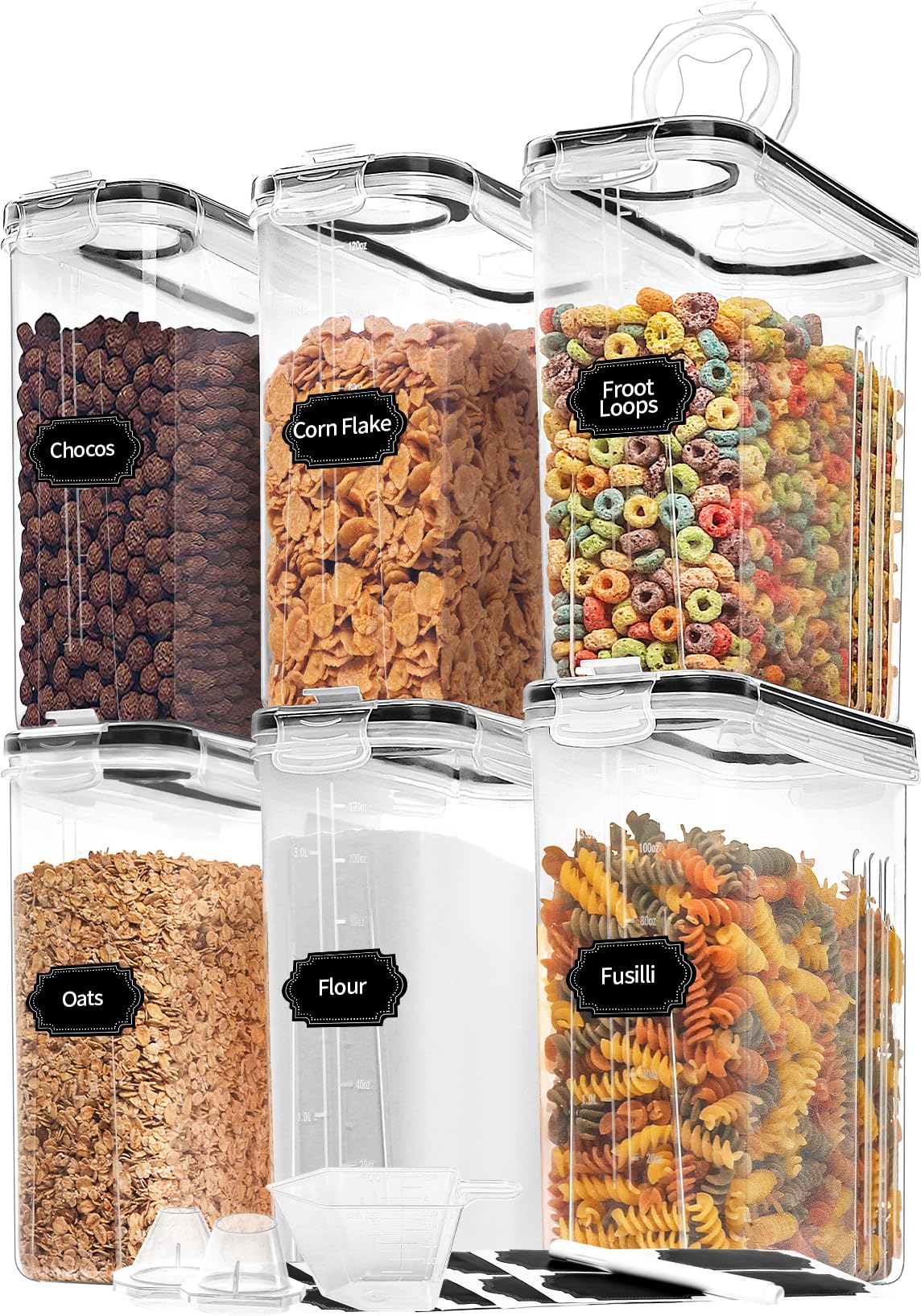 Skroam 6-Piece Airtight Food Storage Containers Set (4L/135.2 oz) - Plastic Cereal Dispensers with Lids for Kitchen & Pantry Organization - Includes Measuring Cup & 20 Labels - Perfect for Cereal, Flour, Sugar, Rice & Dry Food Storage
