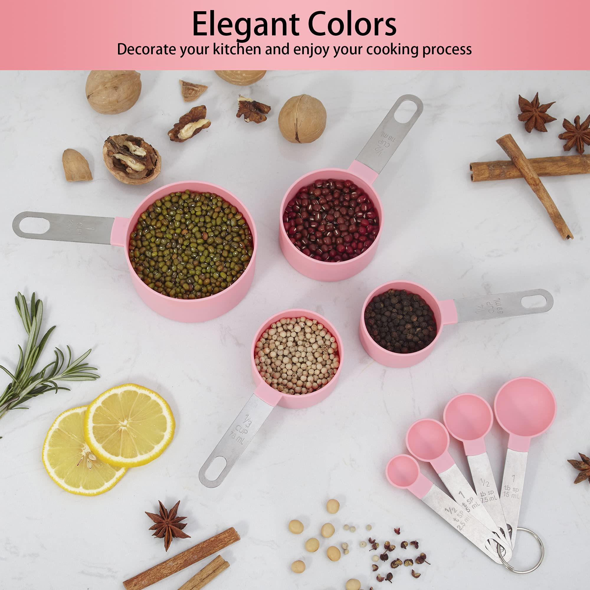 Premium 10-Piece Stainless Steel Measuring Cups and Spoons Set - Stackable Kitchen Gadgets for Dry & Liquid Ingredients (Pink) - Perfect for Baking, Cooking & Meal Prep