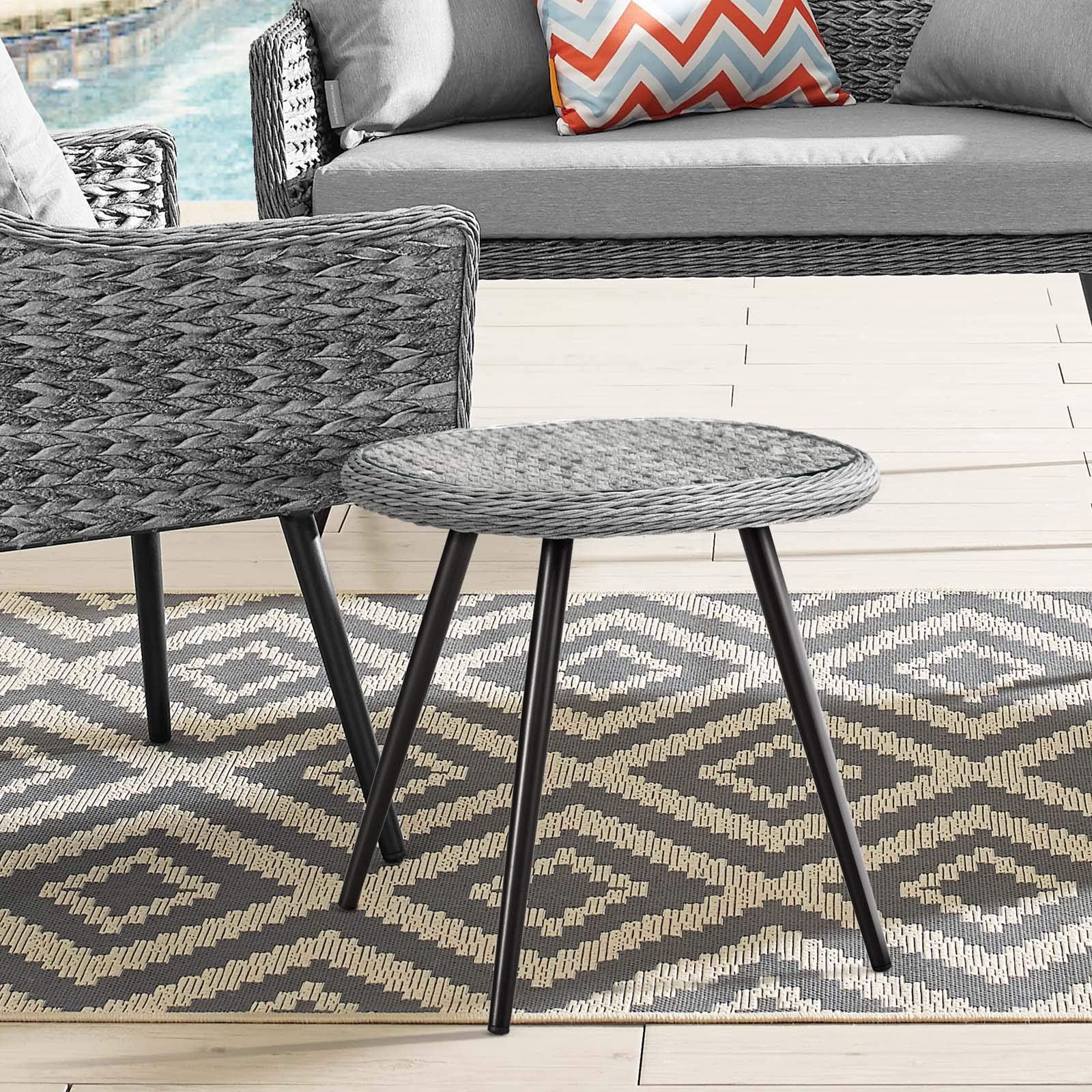 Modern Outdoor Patio Side Table - Grey Rattan Wicker Glass Top Coffee Table for Balcony, Lounge, Garden & Poolside Decor