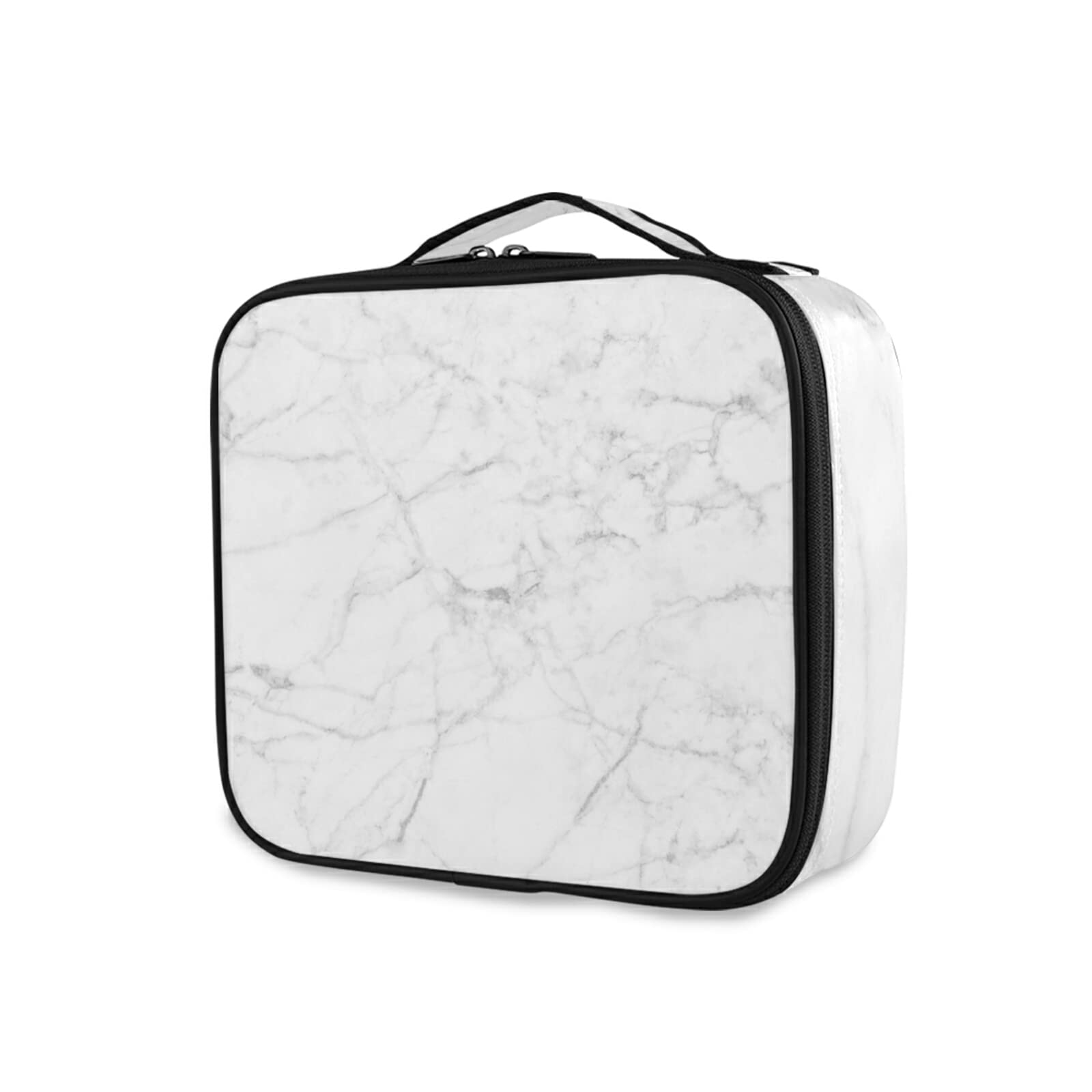 White Marble Cosmetic Bag with Adjustable Divider - Portable Toiletry Organizer for Makeup, Skincare & Brushes - Travel-Friendly Zippered Storage Case for Women | Perfect for Travel, Gym & Daily Use
