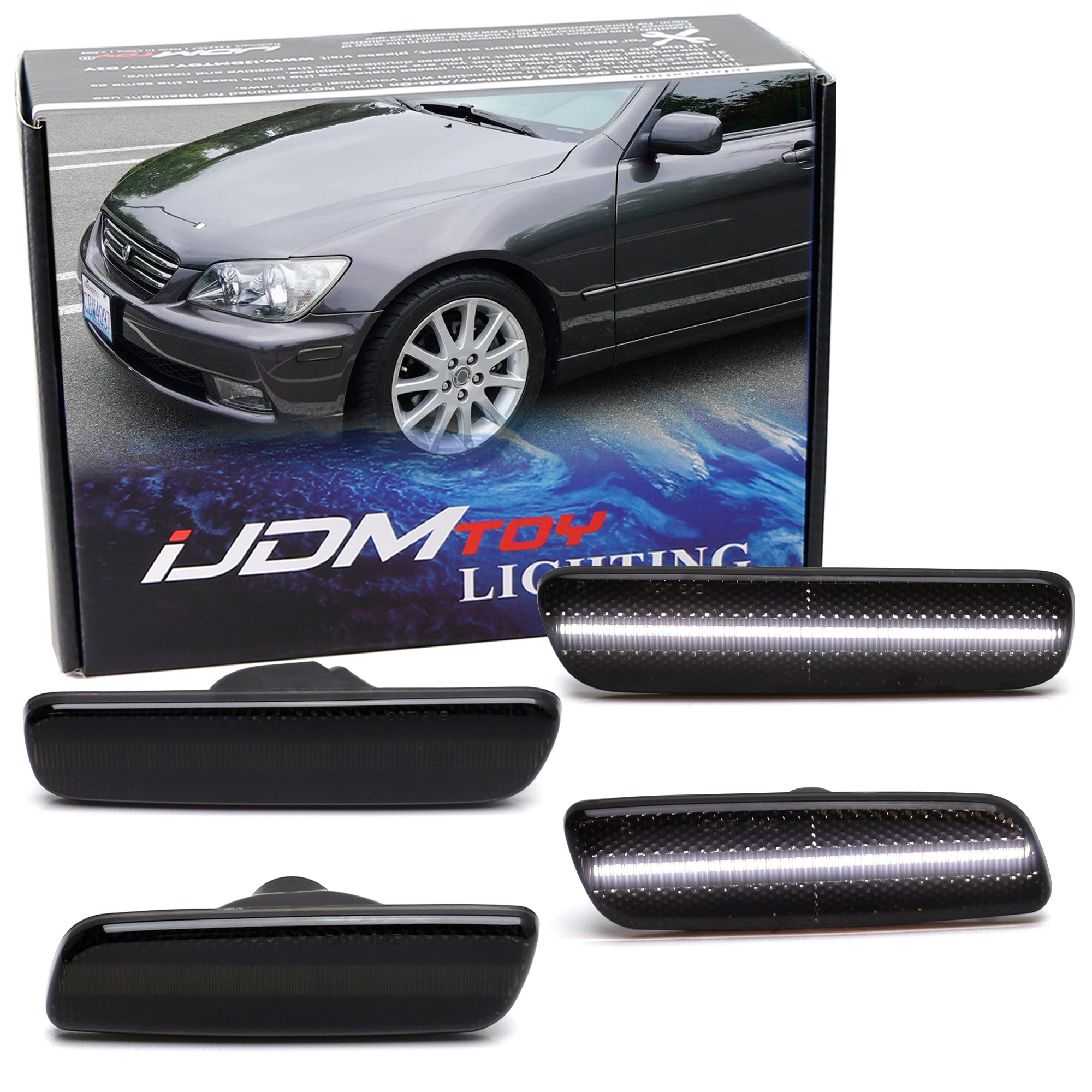 4-Piece Smoked Lens White Full LED Front & Rear Side Markers for 2001-2005 Lexus IS300 - Upgrade Your Car's Style & Visibility for Night Driving & Custom Looks