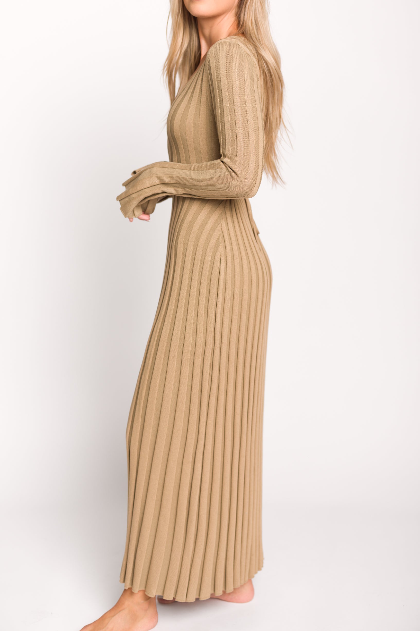 Hadley Long Sleeve V Neck Knit Maxi Dress for Women - Elegant Espresso Brown Fall/Winter Midi Dress with Side Slits | Perfect for Office, Date Night & Holiday Parties