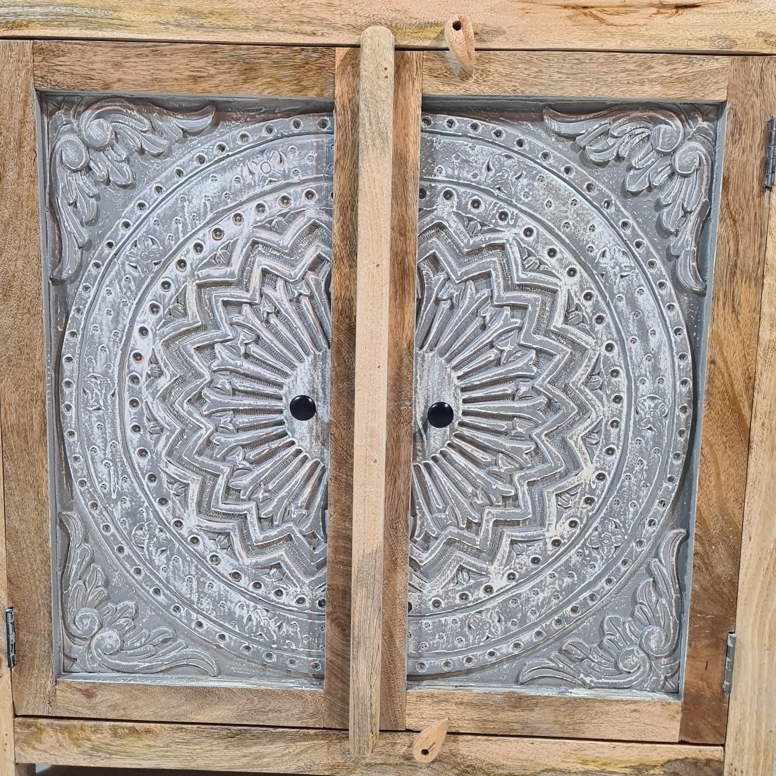 Handmade Carved Indian Solid Hardwood Cabinet with Floral Pattern - 35.4