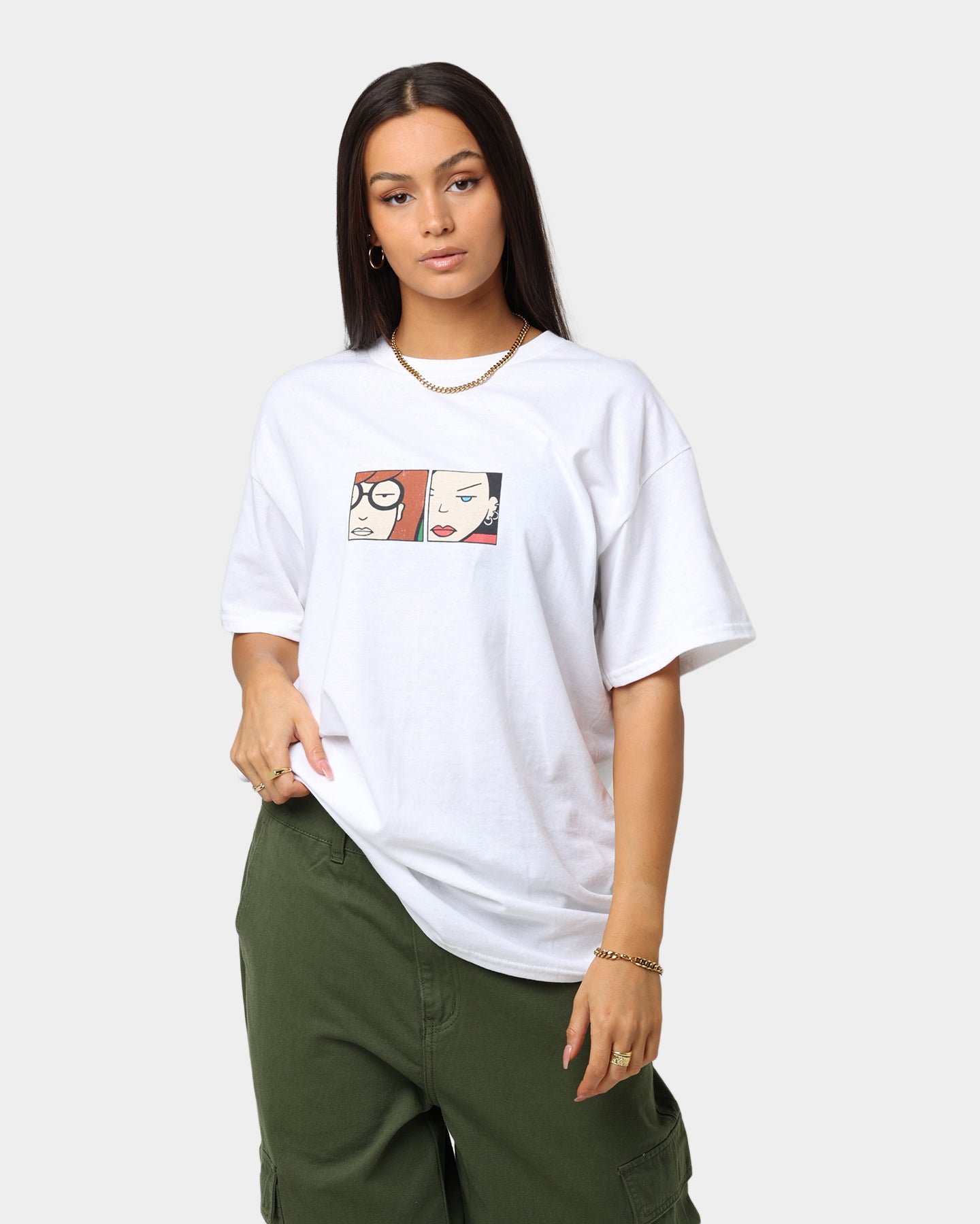 American Thrift X Daria Girls' White Graphic T-Shirt - Casual Cotton Tee for Everyday Wear & Street Style Outfits