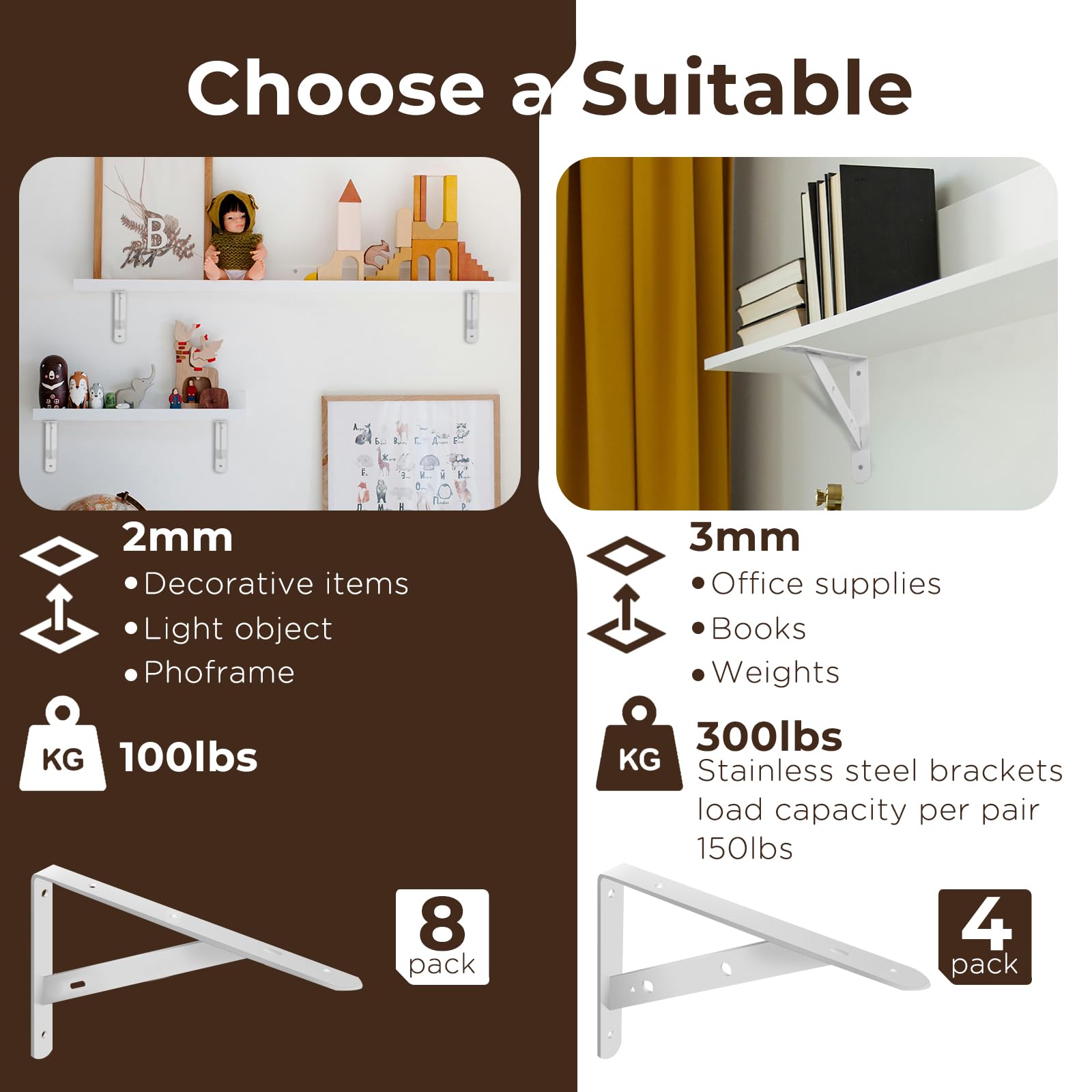 Heavy Duty Shelf Brackets 8 Pack - 10 Inch White Floating Shelf Brackets, Max Load 100 lbs, Metal Triangle Wall Mount Shelf Supports for Home & Office Decor
