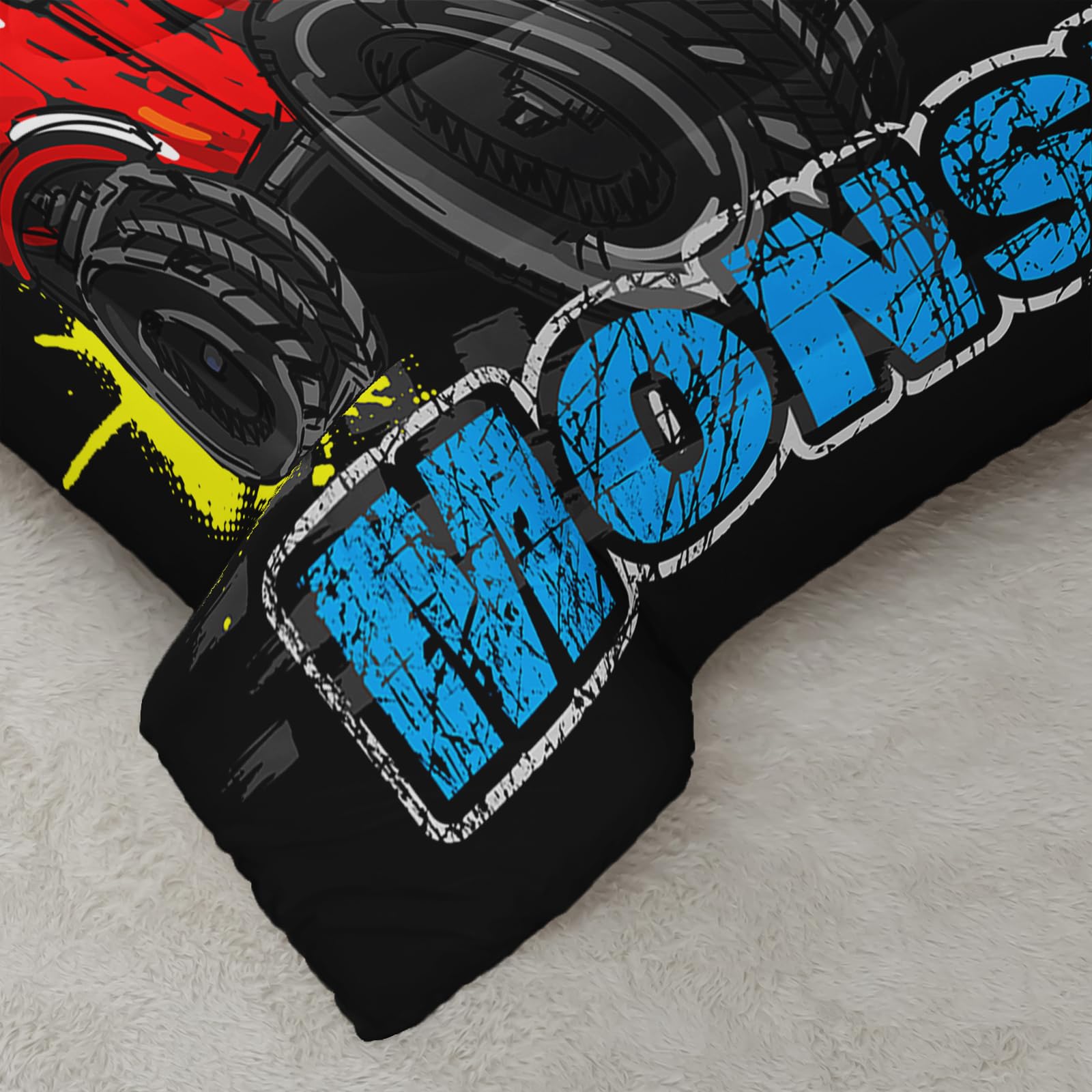 QOOMO Truck Comforter Set for Kids & Teens - Cars Themed Twin Size Bedding, 3 Piece Microfiber Comforter with 2 Pillowcases - Soft, Lightweight & Breathable - Perfect for Boys' Bedroom, Dorm Room or Sleepovers (Black)