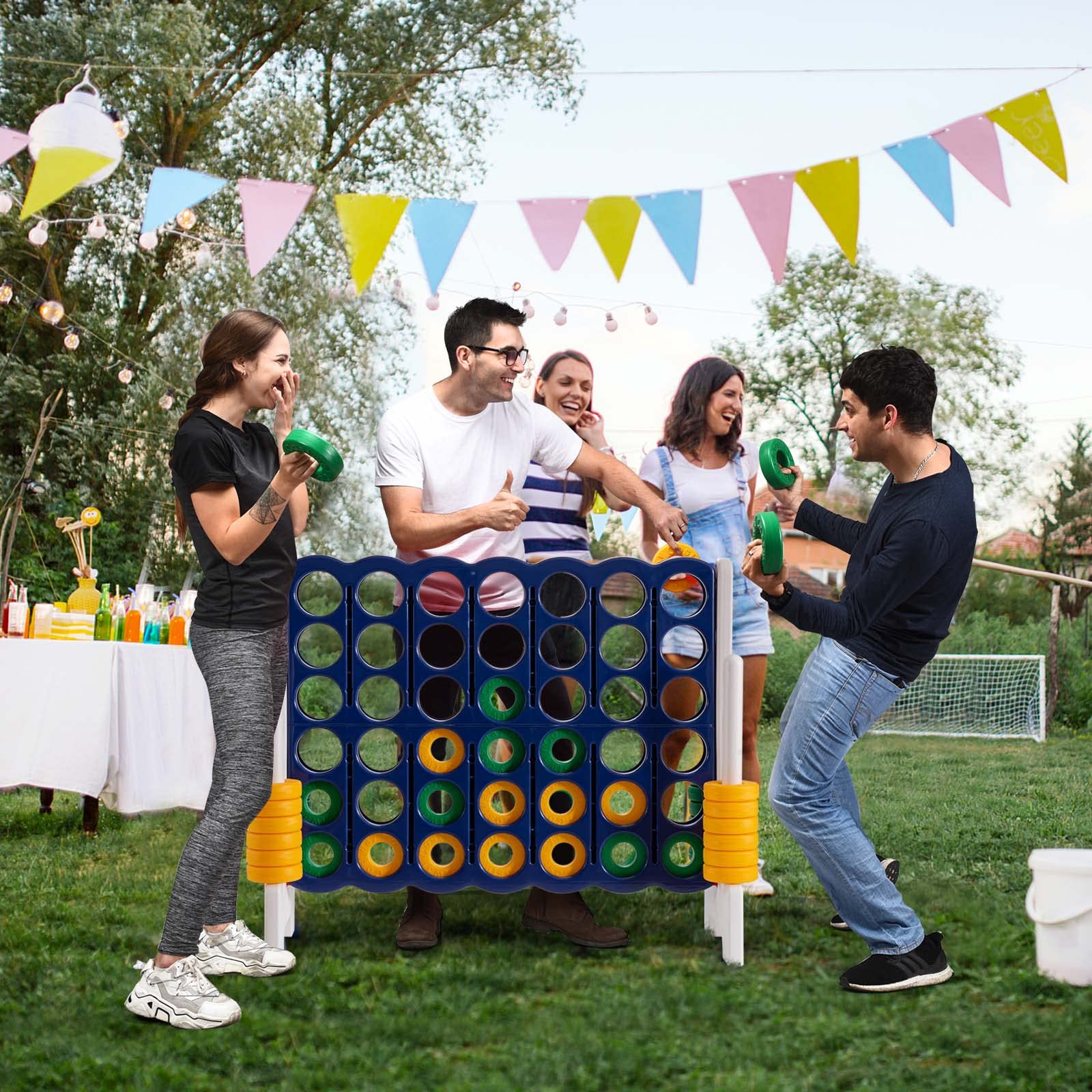 HONEY JOY Jumbo 4-to-Score Giant Game Set - Outdoor Yard Games for Family & Friends with 42 Jumbo Rings & Quick-Release Slider | 3.5FT Tall Giant 4-in-a-Row Game for Kids & Adults | Perfect for Backyard Parties, Picnics, and Outdoor Gatherings