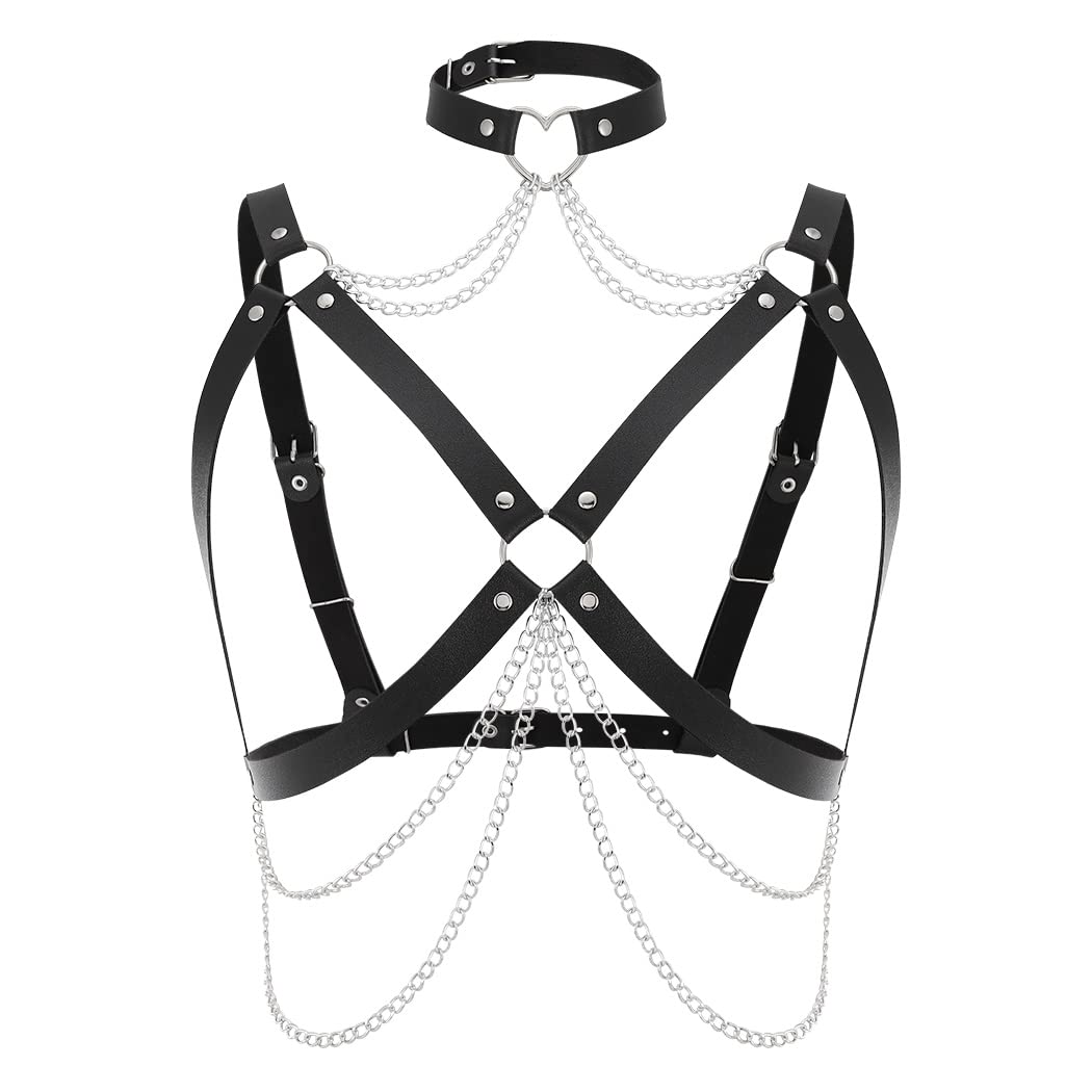 Ushiny Punk Leather Harness Body Chain - Black Gothic Vest Belt & Adjustable Chest Chain Jewelry for Women | Perfect for Cosplay, Rave Parties, Halloween Costumes & BDSM Fashion Accessories