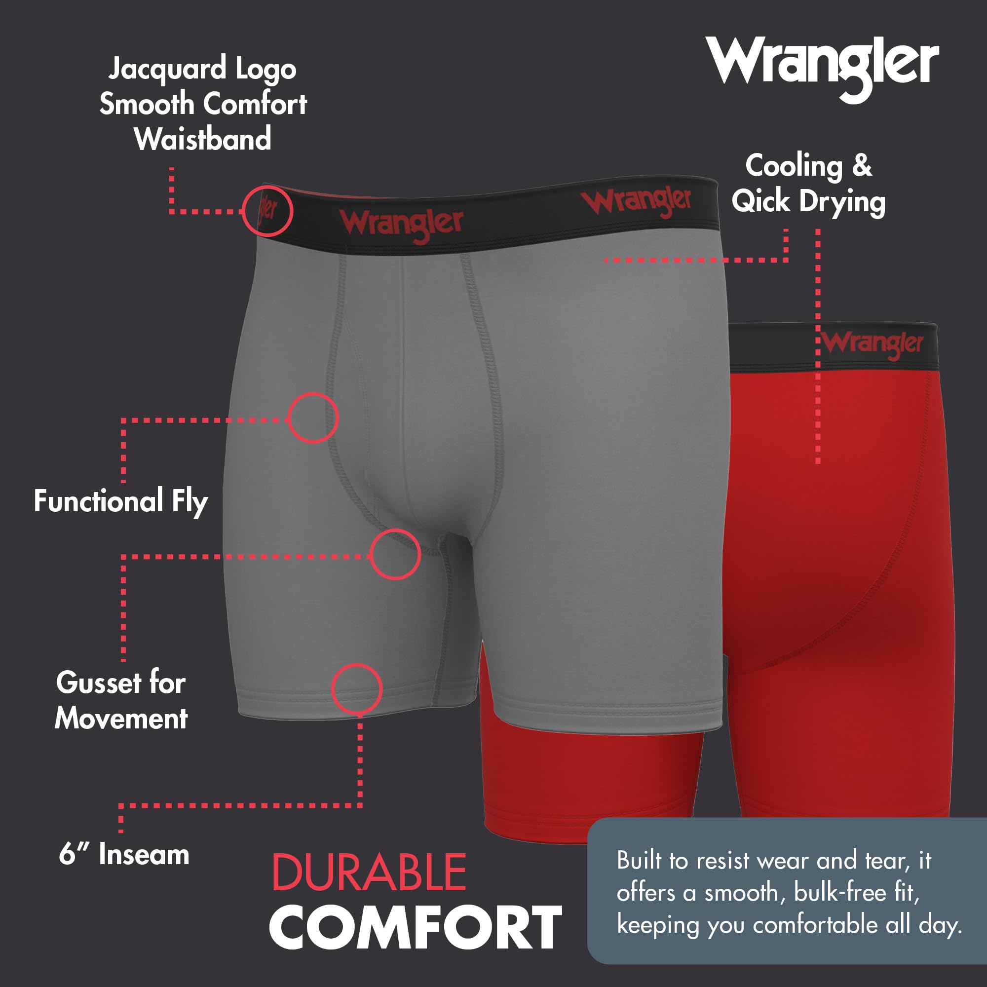 Wrangler 6 Pack Men's Boxer Briefs - Moisture Wicking Quick Dry Underwear for Men | Comfortable & Breathable for Workout, Travel & Everyday Wear