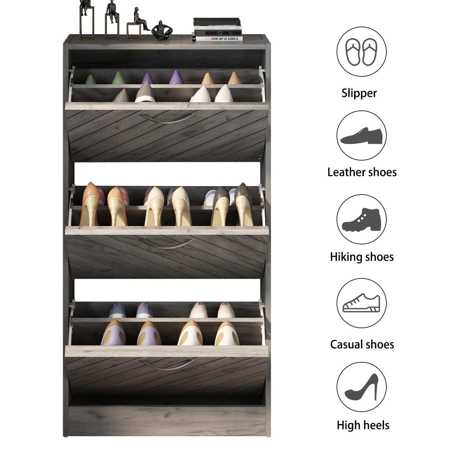 Hitow 3-Tier Shoe Storage Cabinet with Shutter Doors & Adjustable Shelves - Space Saving Narrow Entryway Shoe Organizer for Small Spaces, Freestanding Shoe Rack (22.4