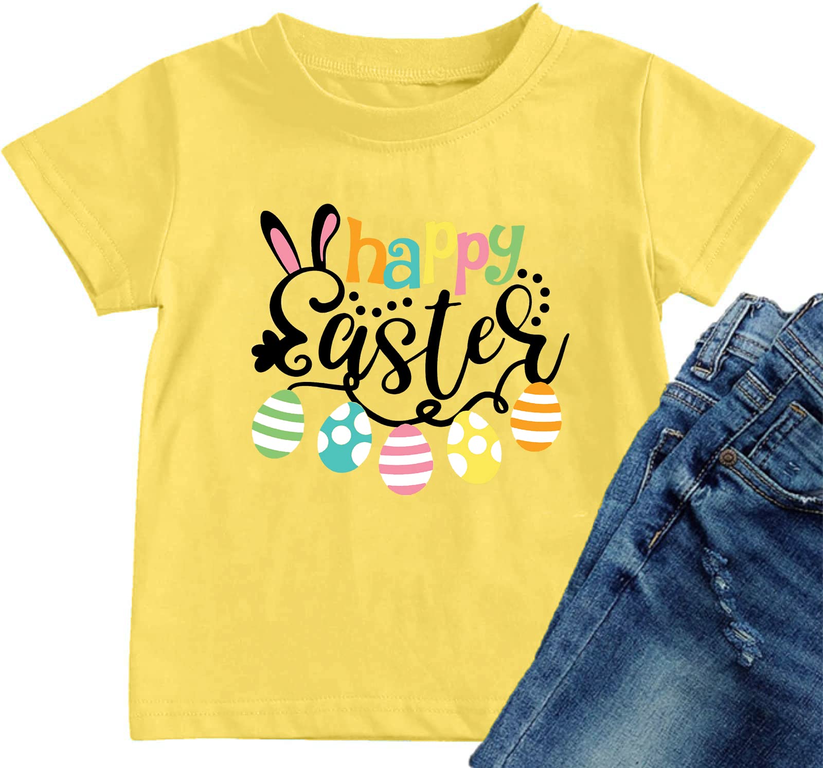 Happy Easter Bunny Rabbit Graphic T-Shirt for Toddler Boys & Girls - Cute Easter Egg Letter Print Tee - Perfect for Easter Egg Hunts, Family Photos & Spring Celebrations