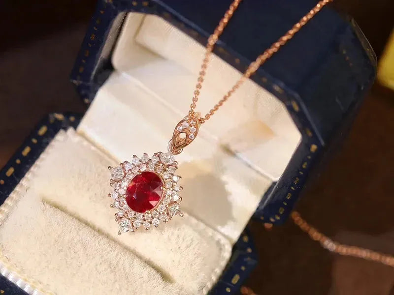 18K Rose Gold Ruby Pendant Necklace for Women - Elegant Diamond Accent Wedding Jewelry (Customizable) | Perfect for Bridal, Anniversary, Valentine's Day & Special Occasion Gifts