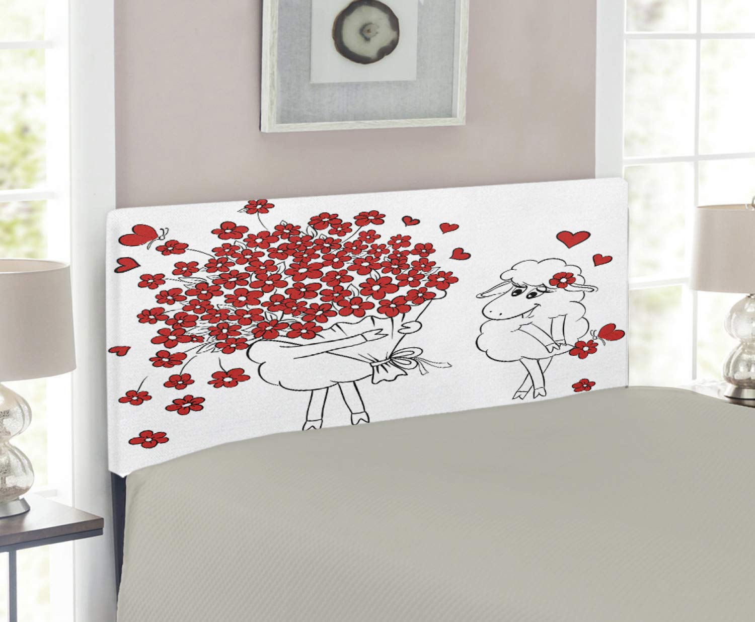 Ambesonne Valentine Headboard - Romantic Goats with Heart Bouquet Design, Upholstered Metal Bed Frame with Memory Foam for Twin Size Bed, Red & White - Perfect for Valentine's Day, Honeymoon Suite & Wedding Bedroom Decor