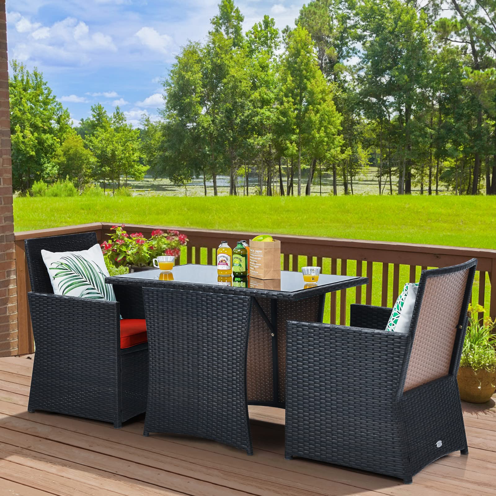 HappyGrill 3-Piece Outdoor Wicker Bistro Set - PE Rattan Dining Table with Cushioned Chairs, Patio Conversation Set for Backyard, Porch, Garden & Poolside - Perfect for Outdoor Dining, Relaxing & Entertaining Guests