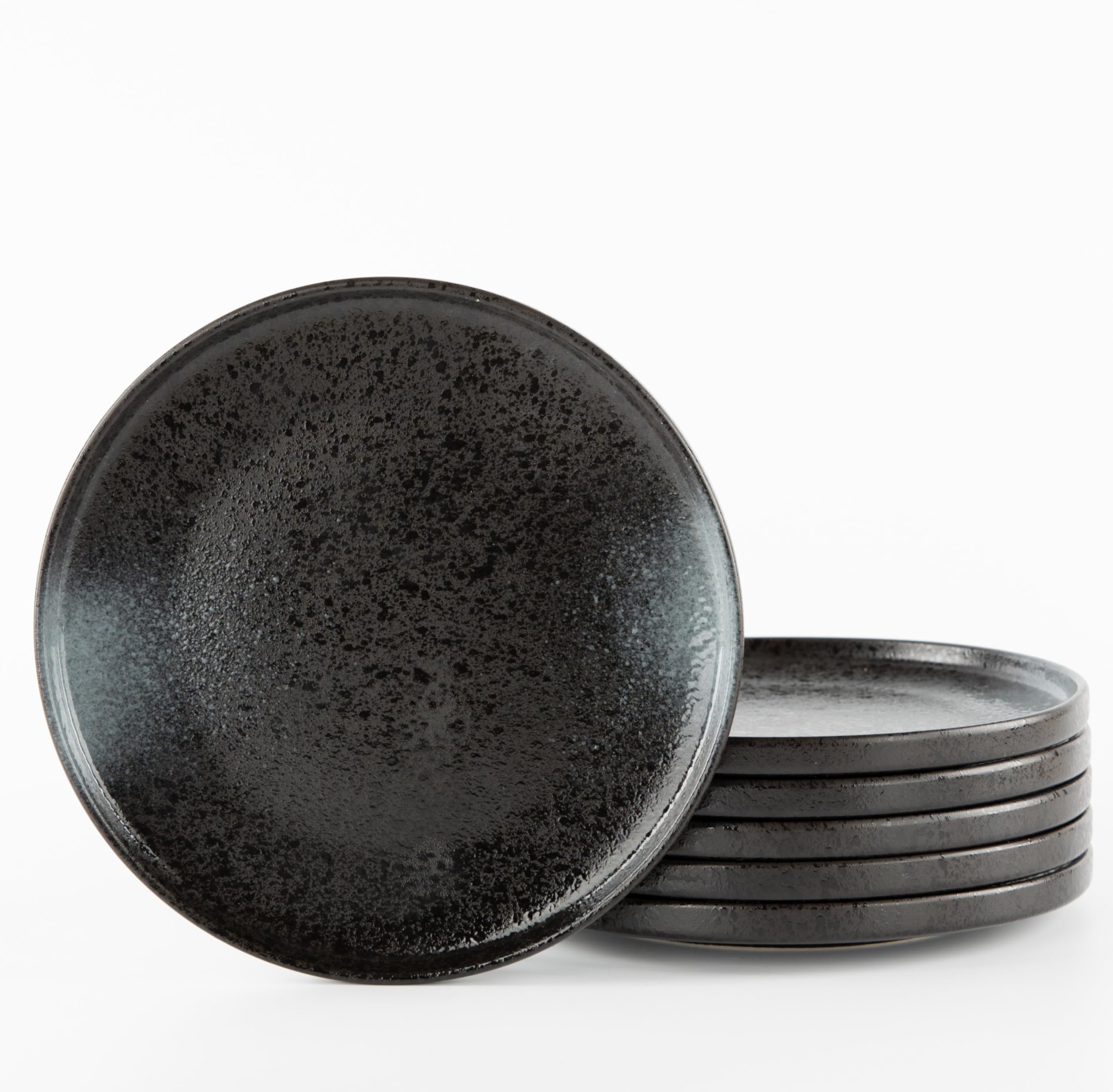 S&Q'S CERAMIC FLAT DESSERT & SALAD PLATES - 8 Inch Set of 6 - Scratch Resistant Black & Grey - Microwave, Oven & Dishwasher Safe - Perfect for Appetizers, Small Dinners, Parties & Home Decor