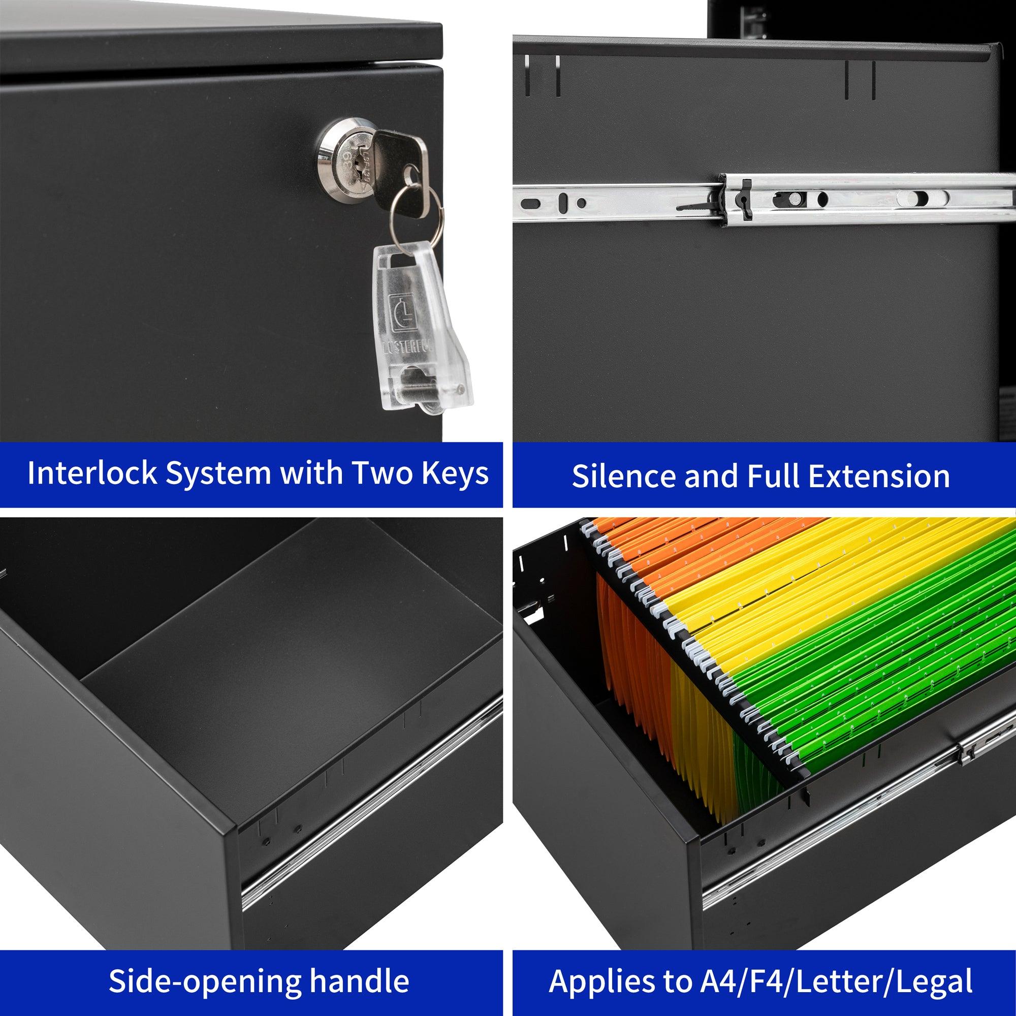 2-Drawer Locking Mobile File Cabinet - Steel Storage for Legal, Letter, A4 & F4 Documents - Fully Assembled (Wheels Attached) - Black Home & Office Organization Solution - Perfect for Workspaces, Study Rooms & Home Offices