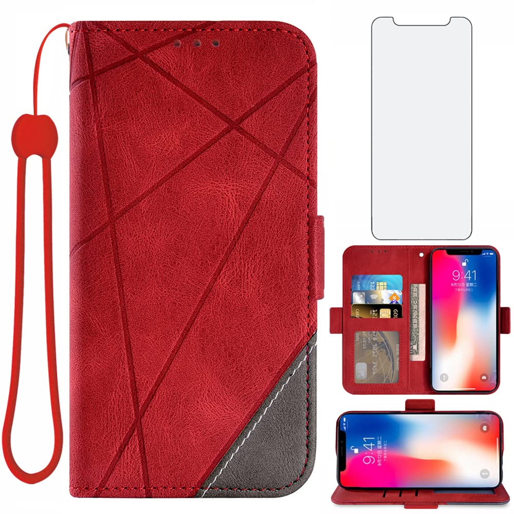 Premium Leather Wallet Case with Tempered Glass Screen Protector for iPhone X/Xs/10 - Credit Card Holder & Flip Cover (Red) | Stylish Protection for Daily Use, Travel & Business Meetings