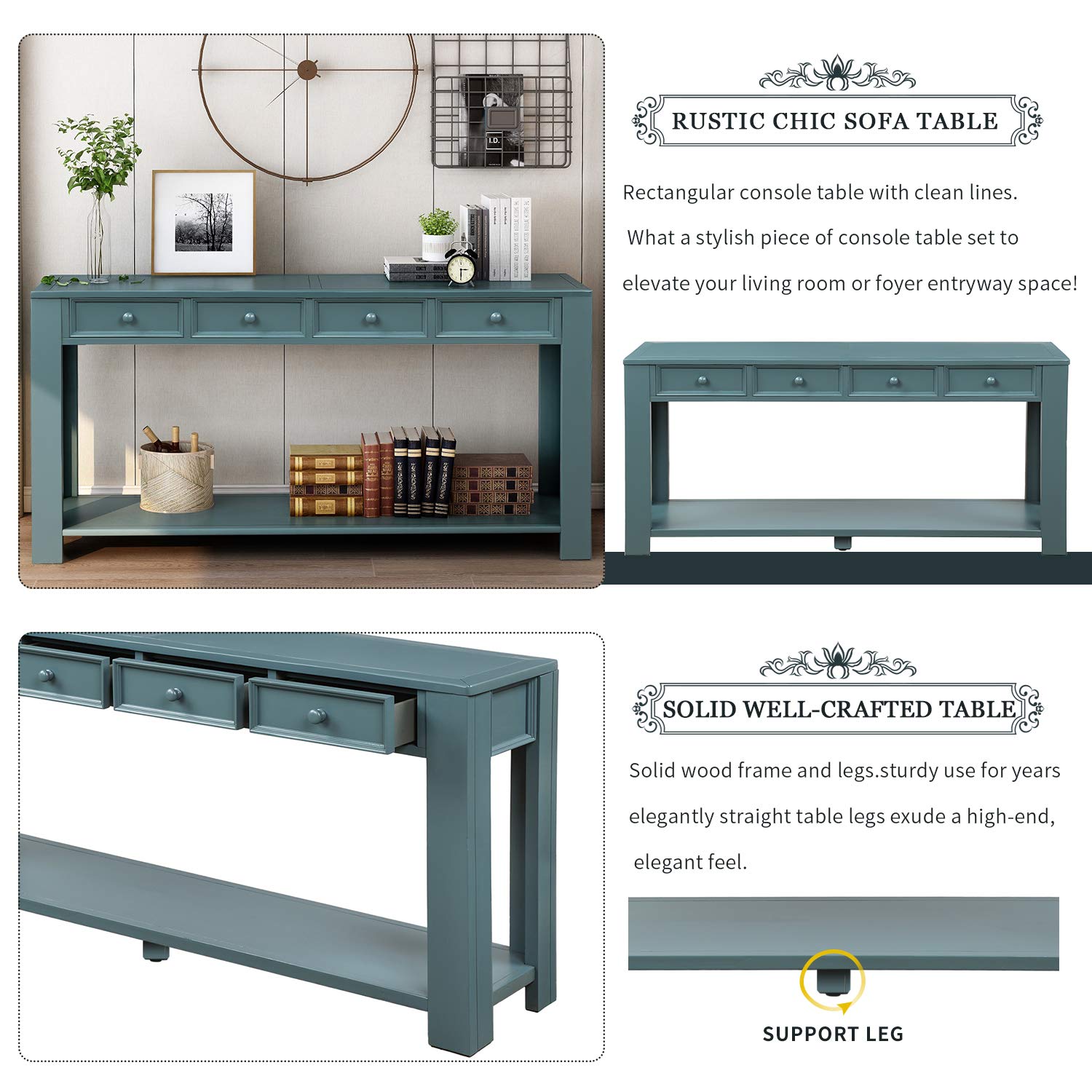 Merax Retro Blue Modern Wood Foyer Console Table with 2 Drawers & Bottom Shelf - Entryway Hallway Sofa Table - Perfect for Small Spaces, Living Room Decor & Apartment Entryways