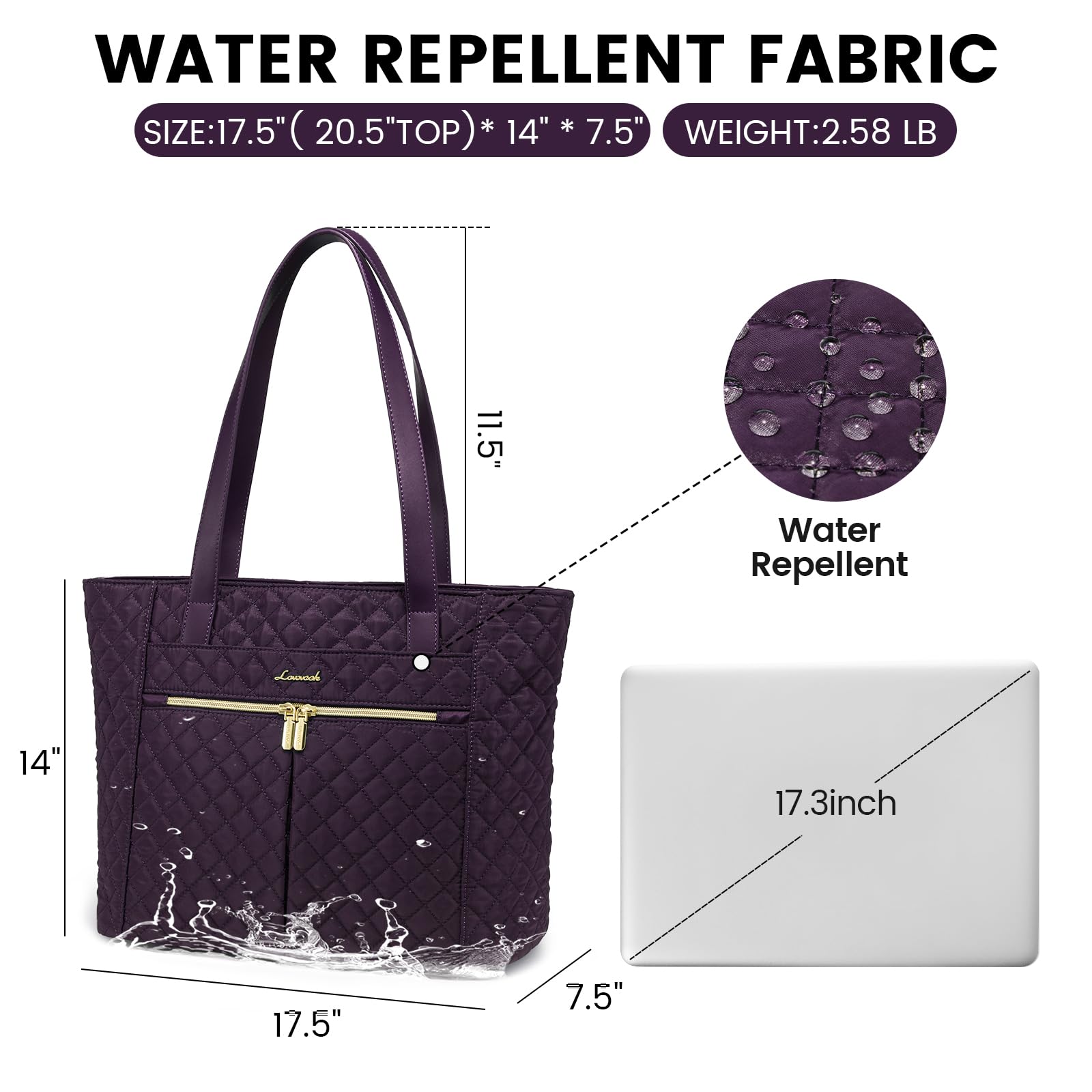 LOVEVOOK 17 Inch Diamond Quilted Laptop Tote Bag for Women - Stylish Work & Travel Shoulder Bag with Clutch Purse, Computer Briefcase Handbag (Purple) - Perfect for Office, Business Meetings & Commuting