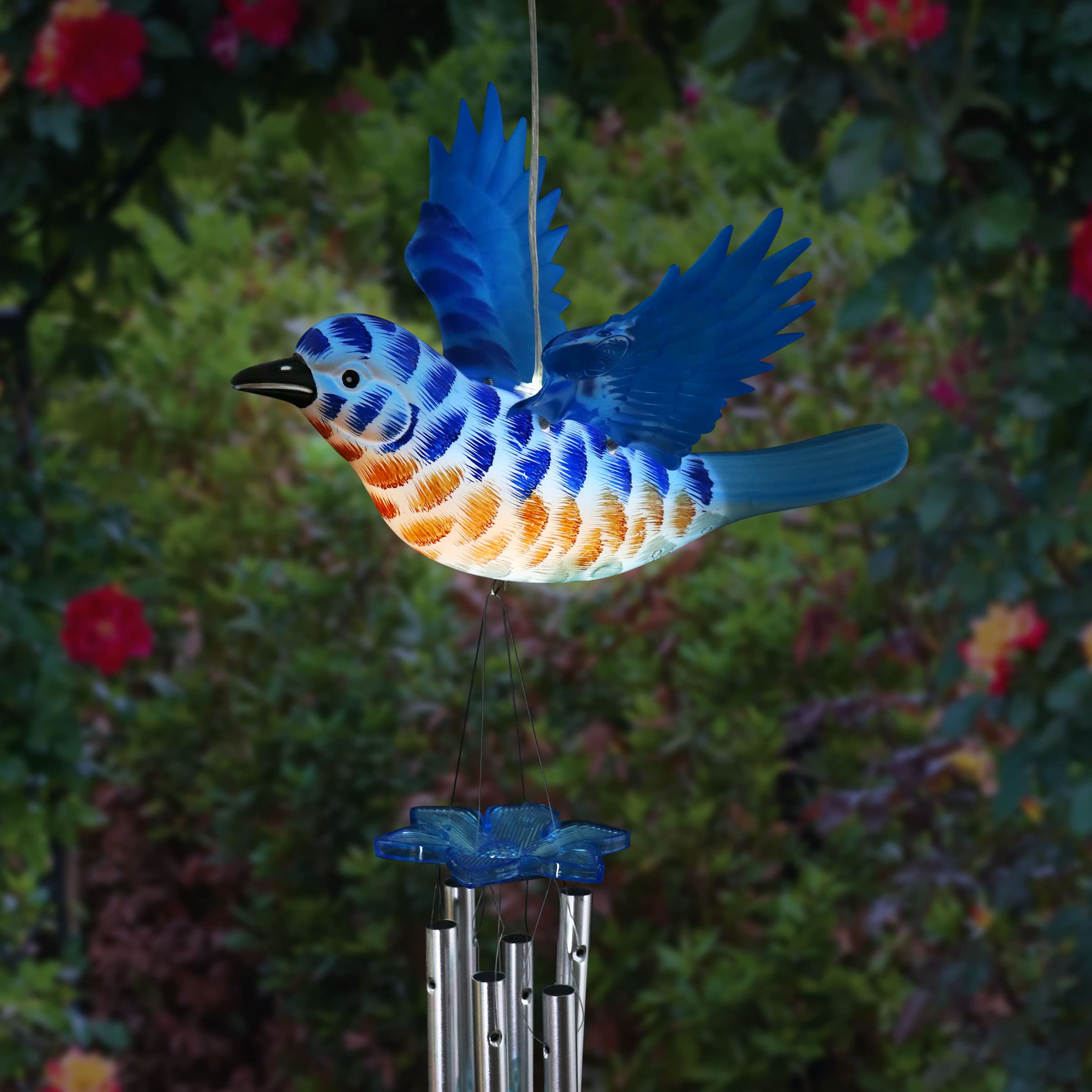Solar-Powered Blue Bird Wind Chime with Fluttering Wings & 2 LED Lights - 12.5