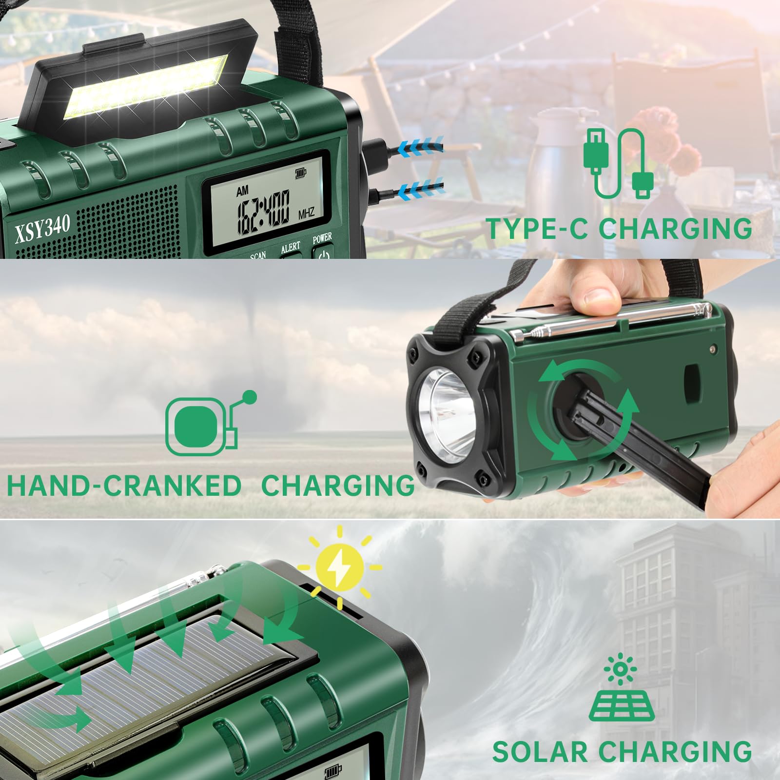 Emergency Weather Alert Radio - AM/FM/NOAA Portable Radio with Hand Crank, Solar & USB-C Charging, 10000mAh Power Bank, Battery Backup, Phone Charger, LCD Display with Clock & Alarm, 3W Flashlight & Reading Lamp, SOS Survival Kit for Camping, Hiking & Emergency Preparedness