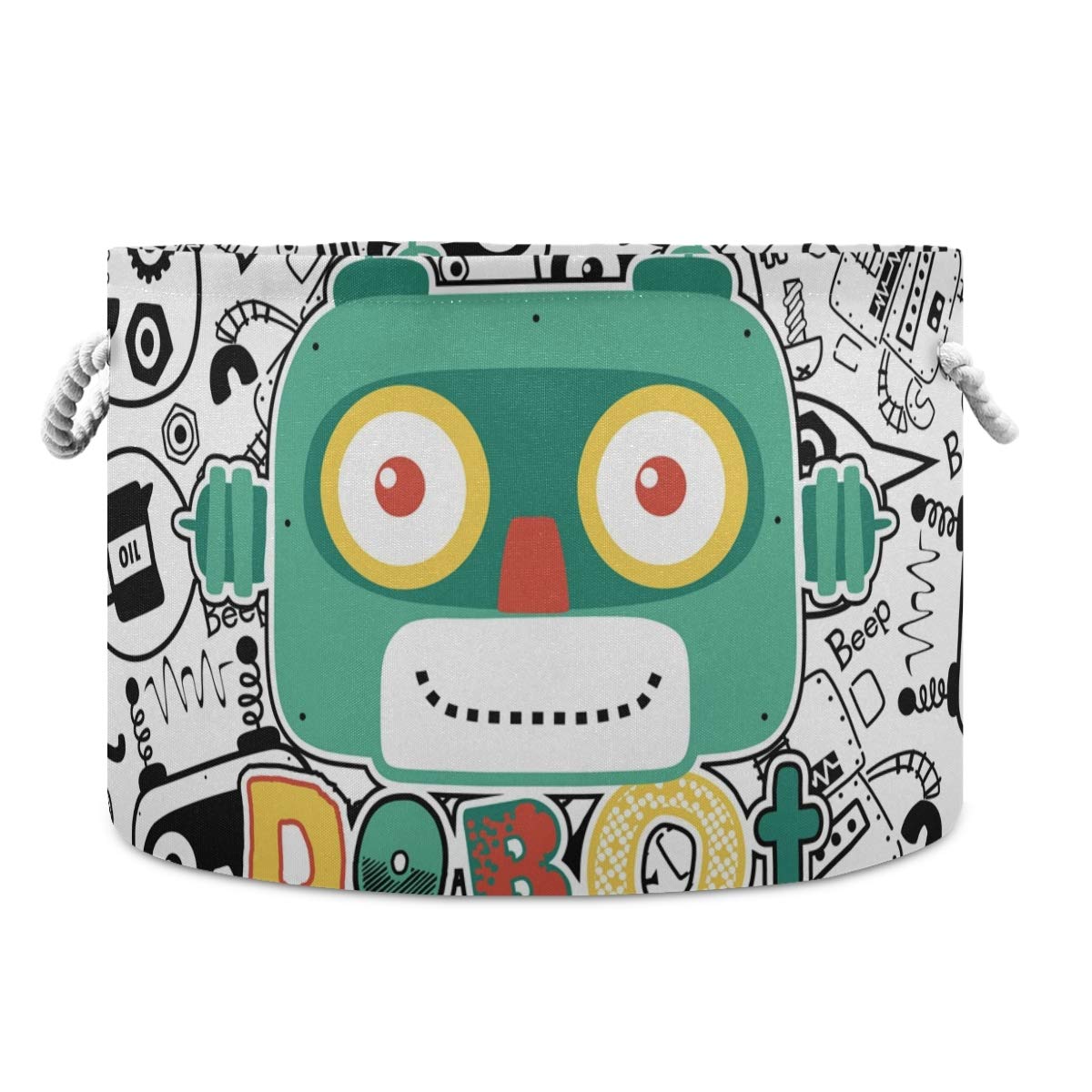 Collapsible Round Storage Basket - Fabric Toy Organizer & Laundry Hamper with Drawstrings | Cute Robot Head Design for Kids' Room, Nursery, Playroom & Closet Organization