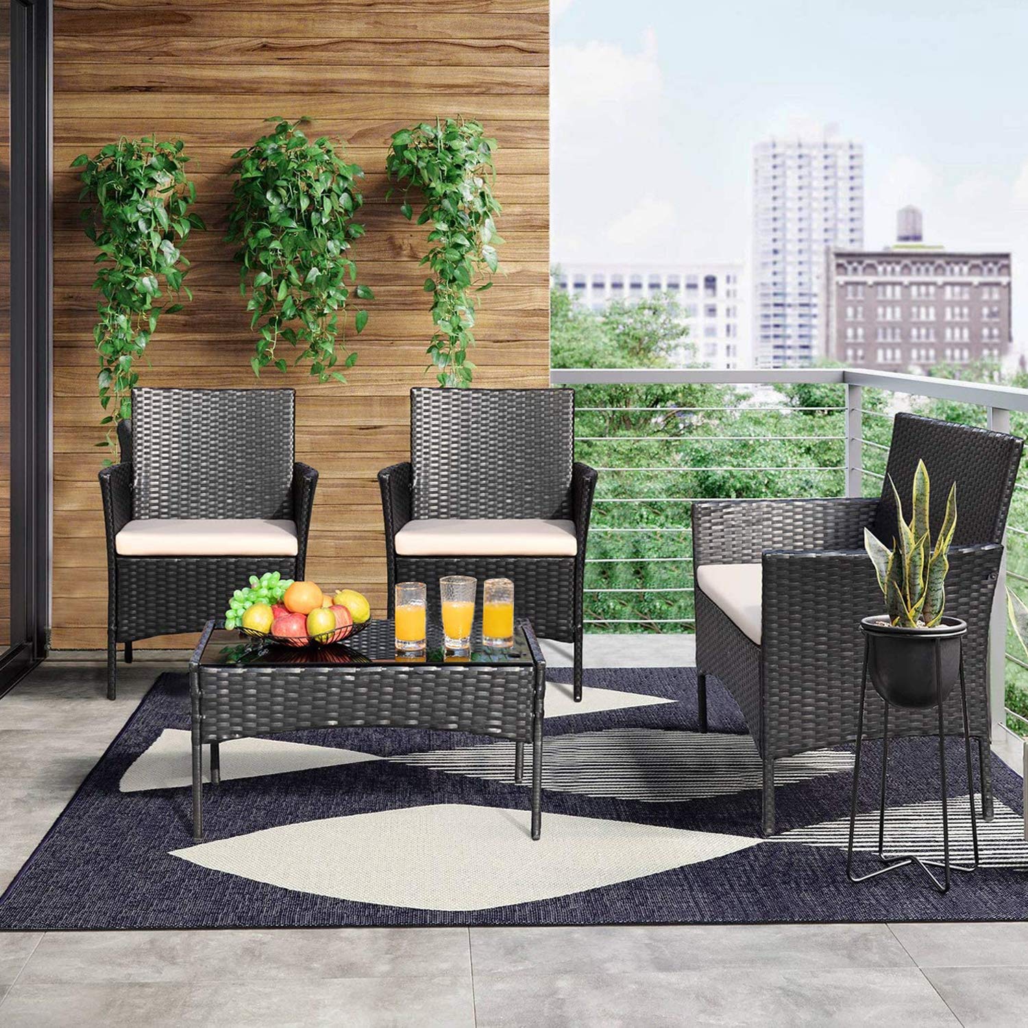 4-Piece Outdoor Rattan Wicker Patio Furniture Set with Tempered Glass Table - All-Weather Conversation Sofa & Chairs for Backyard, Poolside, Garden, and Deck (Dark Black)