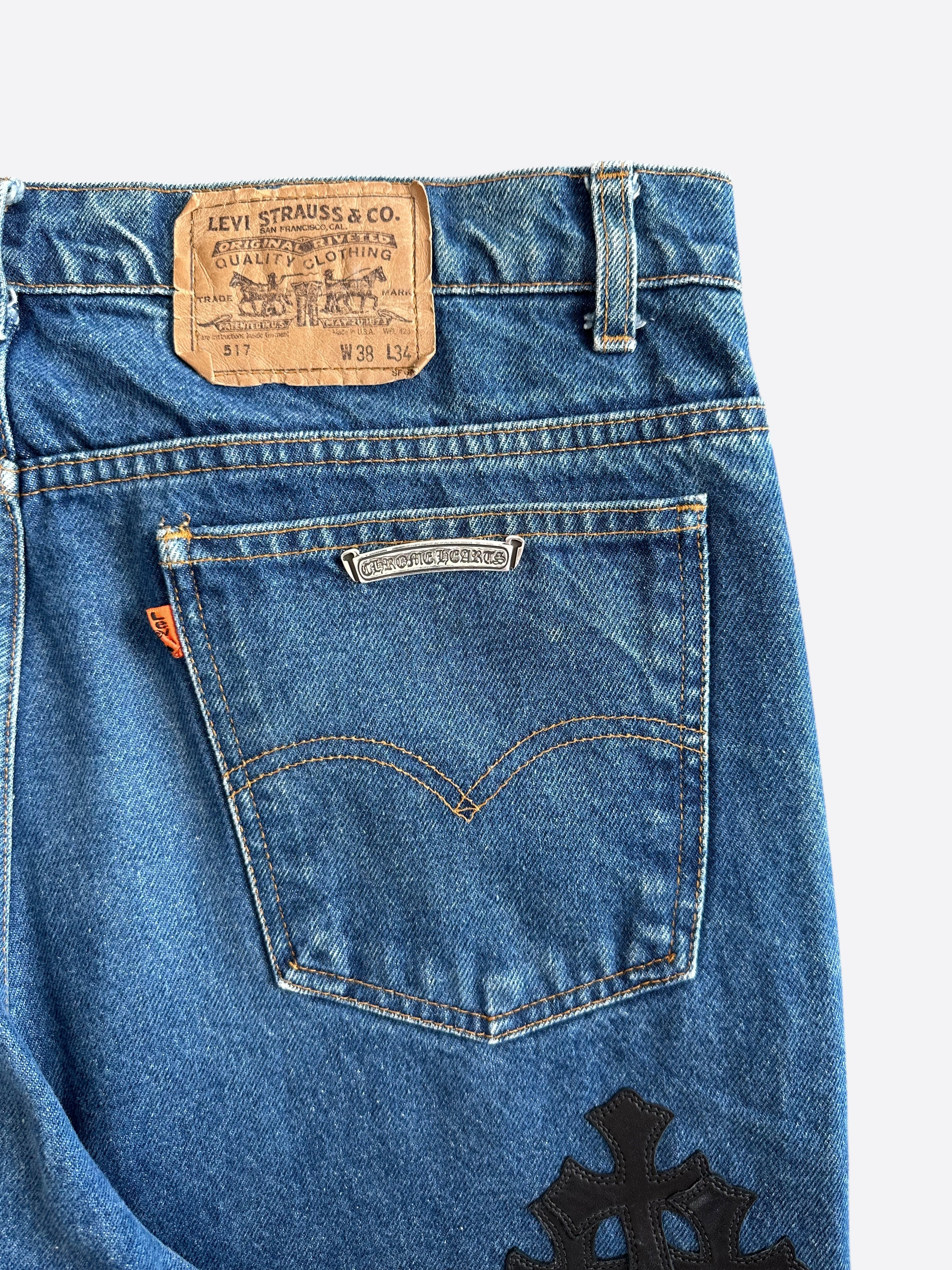 Chrome Hearts x Levi's Blue & Black Cross Patch Denim Jeans for Men - Stylish Vintage Streetwear for Casual Outfits and Night Out