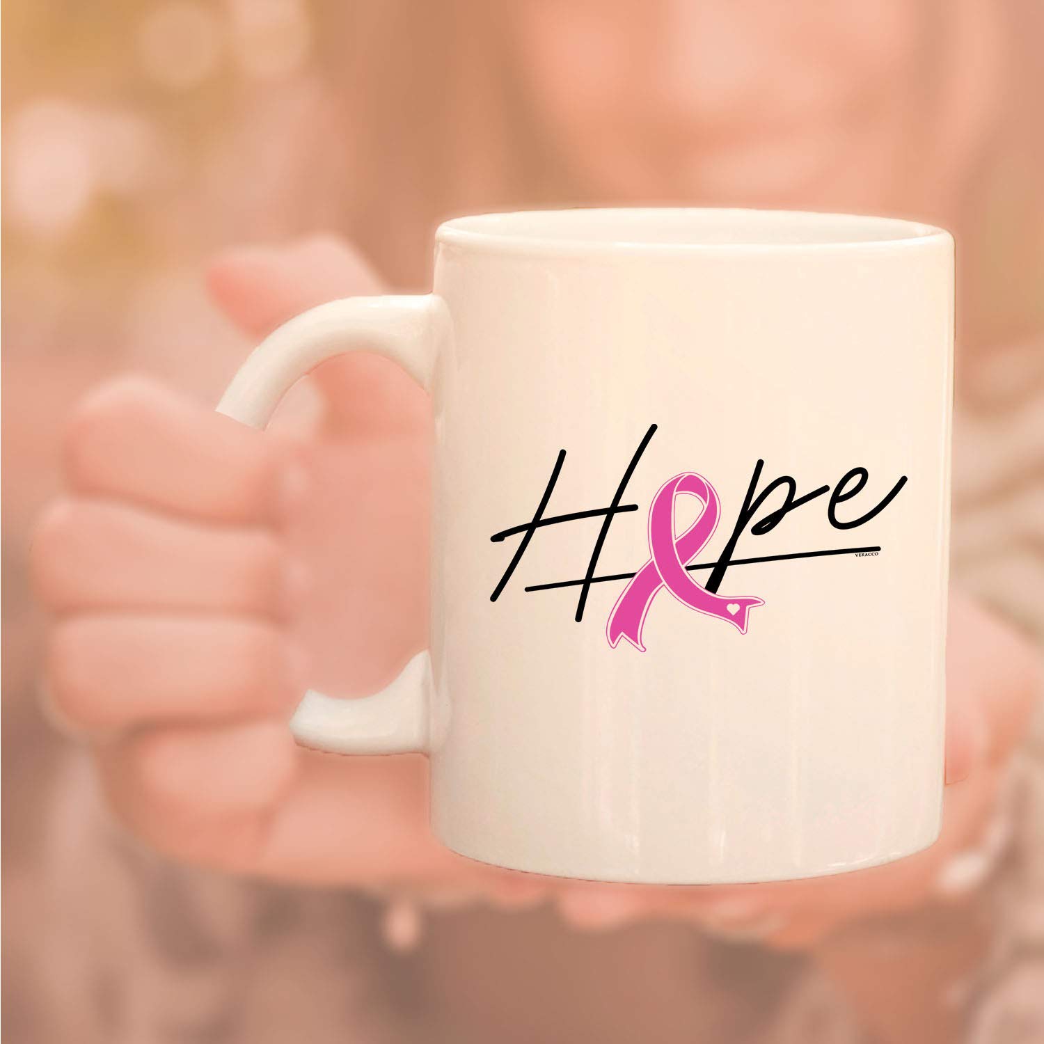 Veracco Believe Ribbon Ceramic Coffee Mug - 15oz Breast Cancer Awareness Gift with Pink Ribbon Design, Inspirational White Cup for Tea & Coffee - Perfect for Survivors, Fundraisers & Supportive Gifts