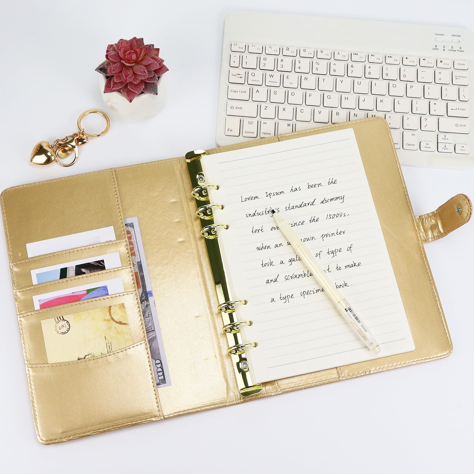 Premium A5 PU Leather Notebook Binder with 6-Ring Cotton Padding, Magnetic Buckle Closure & Gold Keychain - Refillable Planner for Budgeting, Journaling & Office Organization (Gold, A5 Size) - Perfect for Work, School & Personal Planning