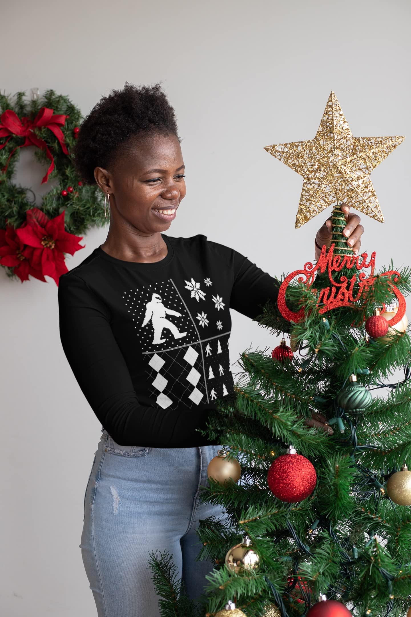Festive Sasquatch Ugly Christmas Sweater - Women's Long Sleeve Black T-Shirt for Holiday Parties & Family Gatherings