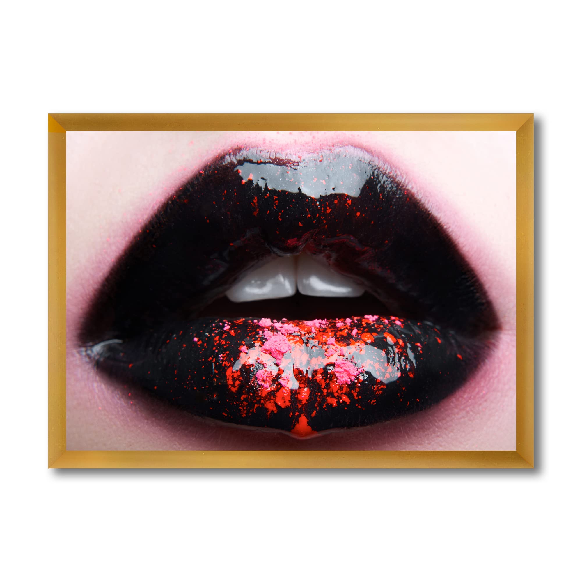 DesignQ Plump Woman Lips Black & Pink Modern Framed Wall Art - Contemporary Home Decor for Living Room, Bedroom & Office
