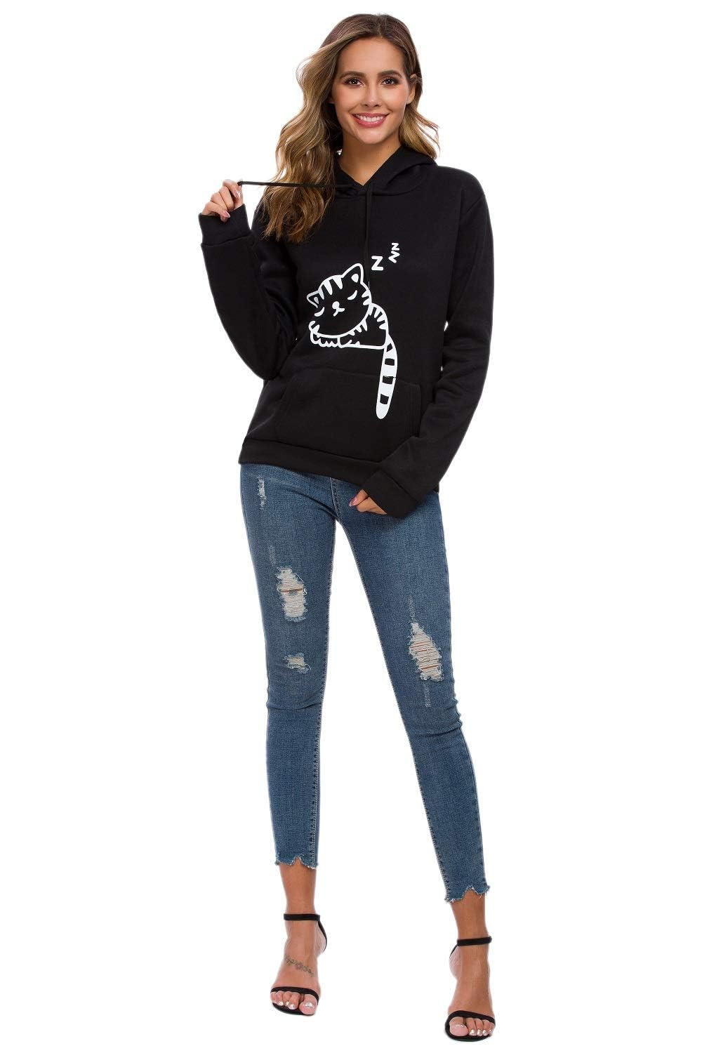 RGOSME Women's Cute Cat Ear Hoodie Sweatshirt - Soft Pullover with Cat Print for Teens & Girls | Perfect for Sleeping, Lounging & Casual Wear