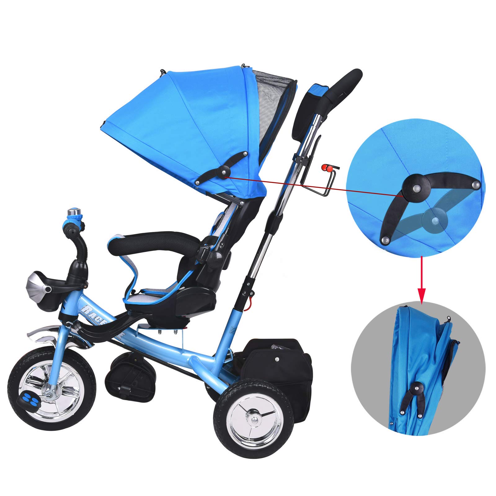 Spielwerk® Blue Kids Tricycle with Safety Belt, Push Rod, Adjustable Footrest, Canopy & Removable Basket - Toddler Trike Bike Stroller for Boys & Girls | Outdoor Play, Park Rides, Backyard Fun