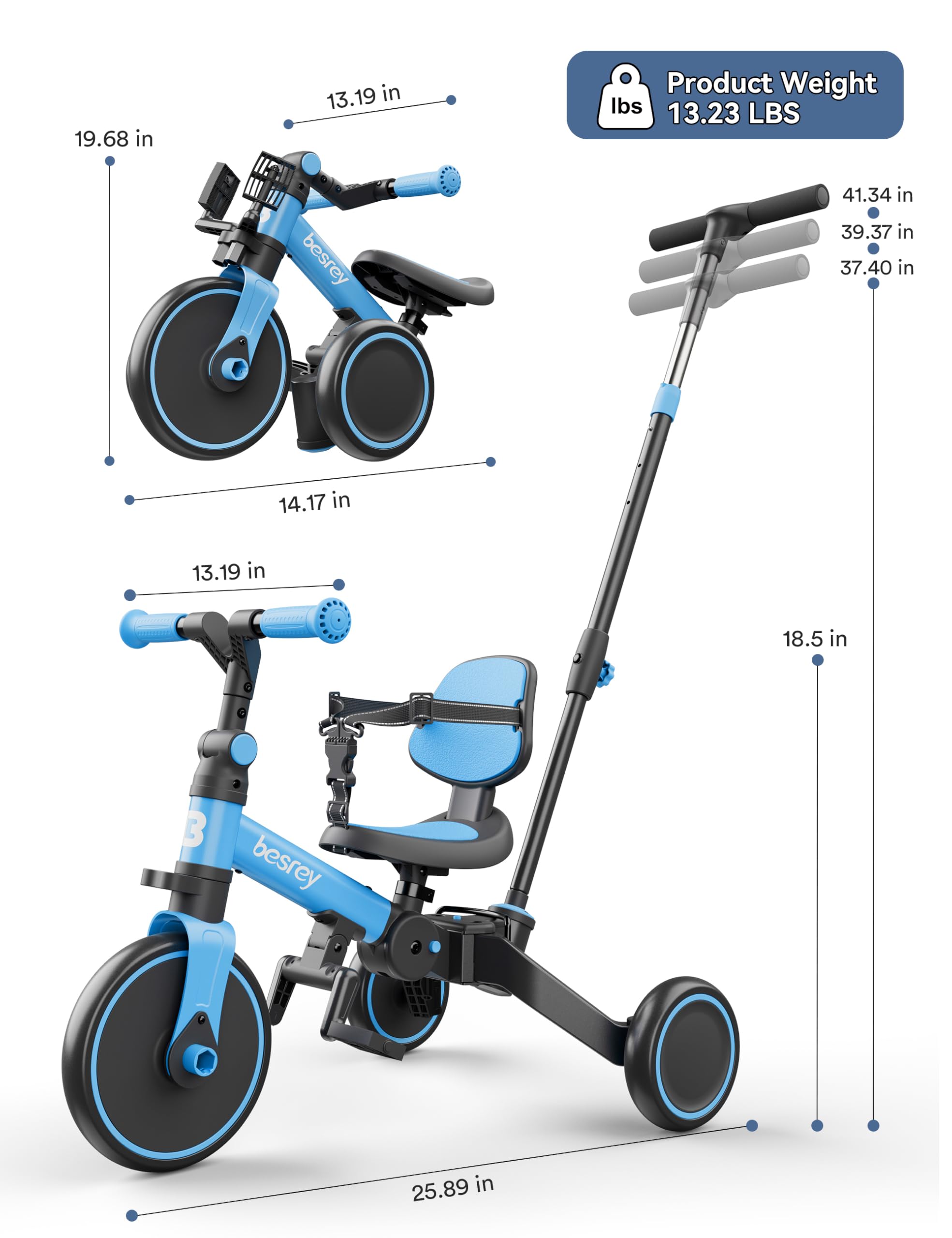 Besrey 5-in-1 Toddler Bike for 1-3 Year Olds - Convertible Tricycle with Push Handle, Adjustable Backrest & Safety Belt - Perfect Balance Bike & First Birthday Gift for Boys & Girls - Ideal for Indoor Play, Outdoor Learning & Developing Motor Skills