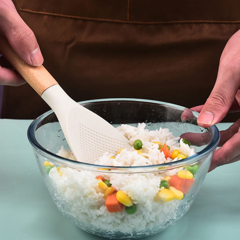 Kichvoe Wooden Handle Silicone Rice Spoon - Non-Stick Rice Paddle & Scooper for Cooking, Serving - Perfect for Rice Bowls, Sushi, Stir Fry & Meal Prep