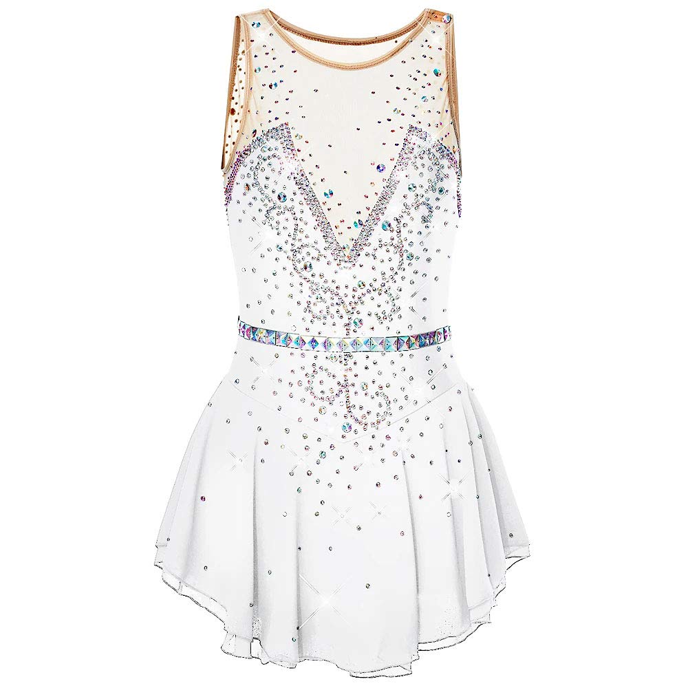 Women's & Girls' Figure Skating Dress - Sleeveless Ice Skating Costume in White - Size 110 - Perfect for Competitions, Performances & Ice Shows