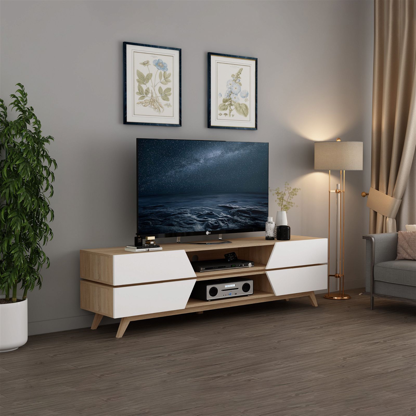 NORDIC 1800 Entertainment Unit - Solid Oak TV Stand with Storage by Criterion - Perfect for Living Room, Home Theater & Media Organization