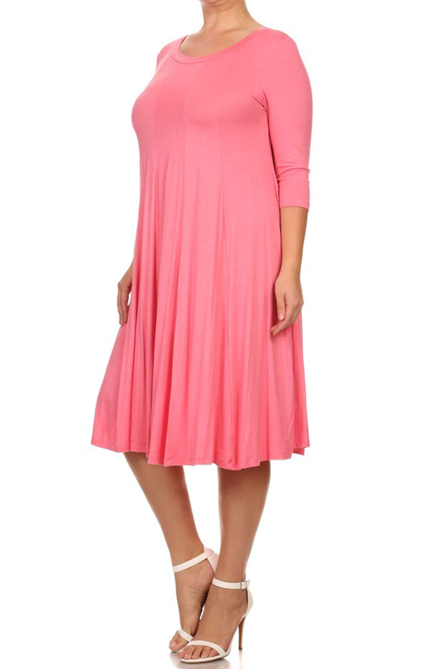 Plus Size Casual 3/4 Sleeve A-Line Midi Dress - Comfortable Solid Print Women's Dress (Pink, XL) | Made in USA | Perfect for Office Wear, Date Nights & Summer Outings