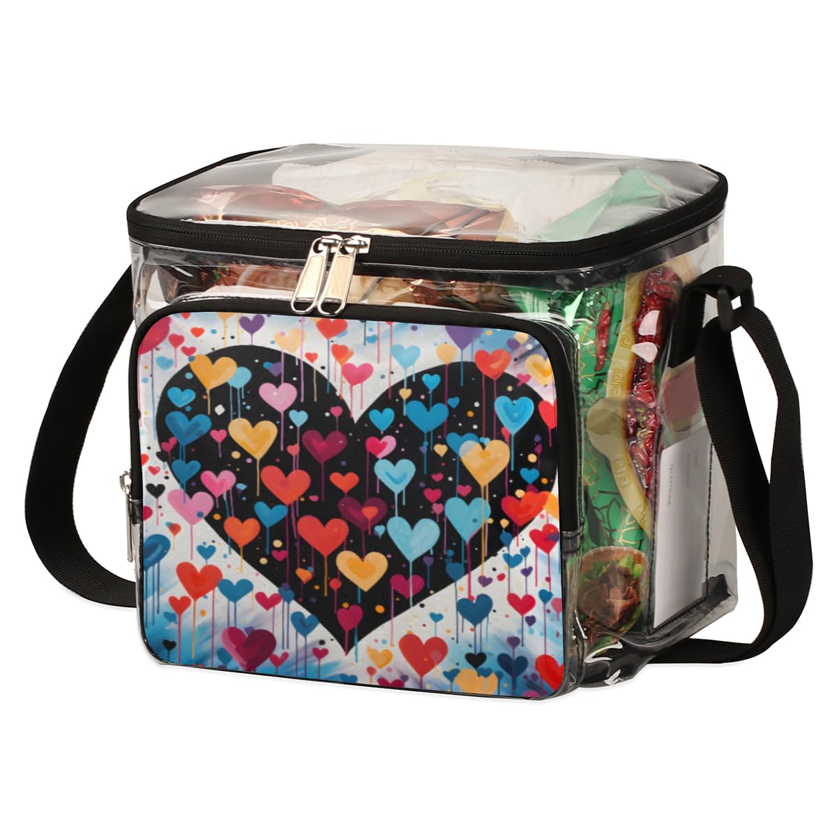 GzLeyigou Pink & Blue Hearts Clear Tote Bag with Handles - Colorful Transparent Crossbody Shoulder Bag for Lunch, Beach, Travel, Picnic, Concerts & Sports Events (Stadium Approved) | Perfect for Outdoor Activities, Music Festivals & Shopping