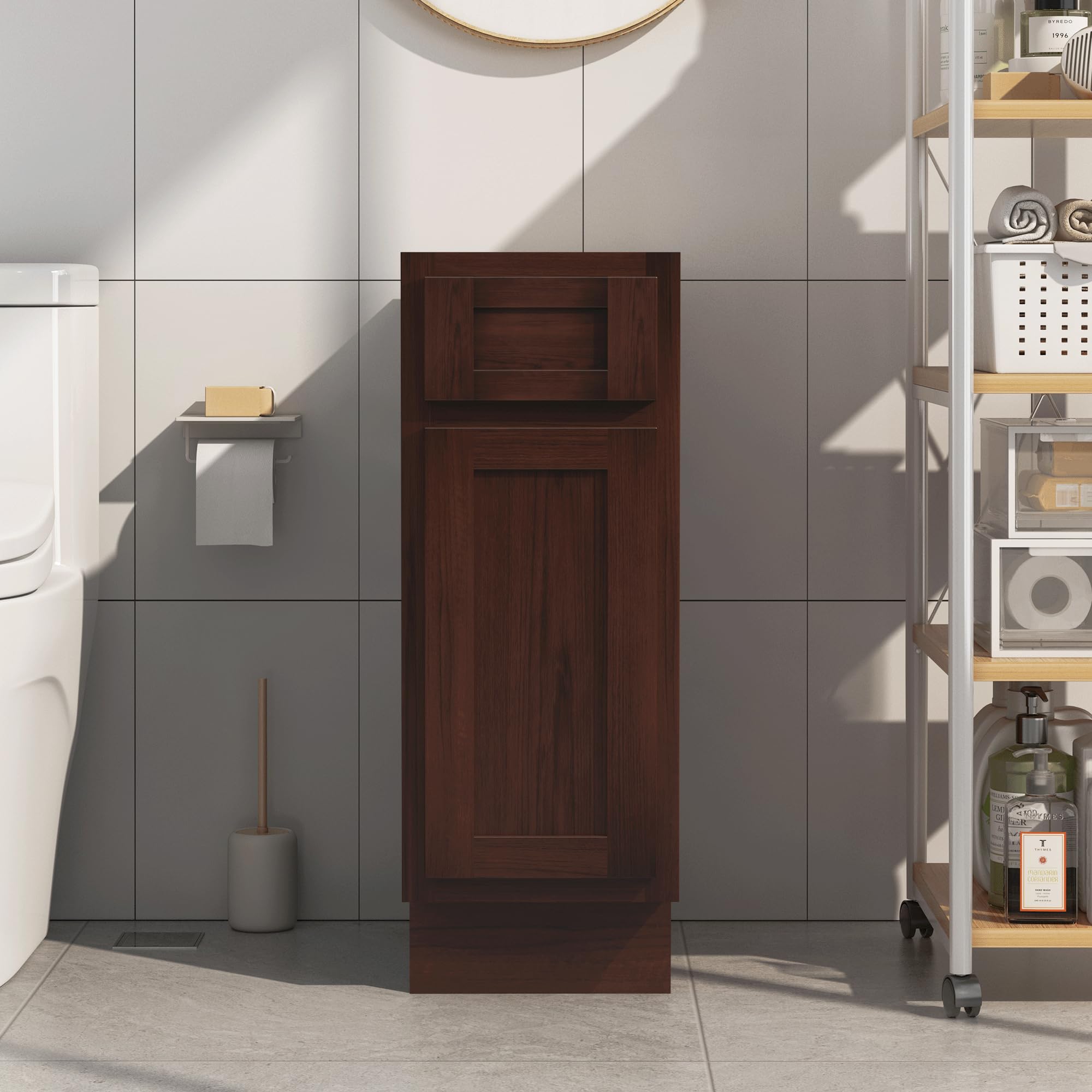 Vanity Art 12 Inch Small Bathroom Vanity Cabinet with Soft Closing Drawer & Door - Right Offset Shaker Design, Floor Mount Storage Organizer (VA4012-1B) - Perfect for Compact Bathrooms, Powder Rooms & Space-Saving Solutions