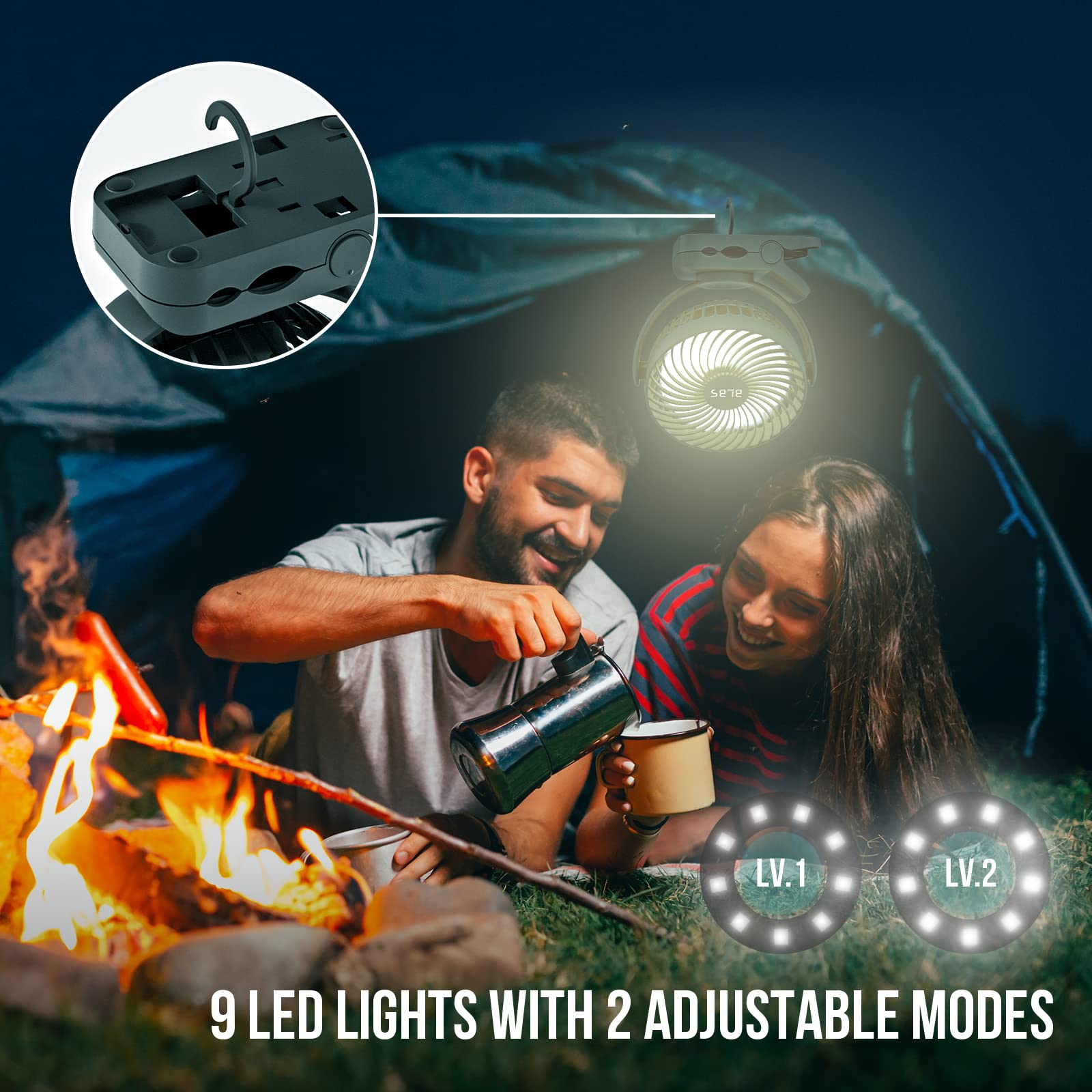 65H 12000mAh Rechargeable Camping Fan with USB Output Ports & Hanging Hook - 360° Rotatable Portable Tent Fan for Outdoor, Camping, Hiking, Home & Office Use - Green