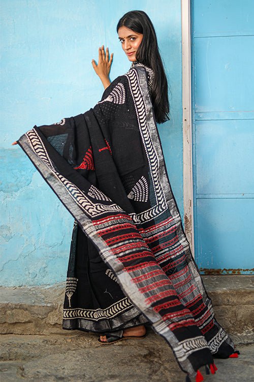 CADENZA CHUNA PATRI Handblock Printed Slub Cotton Saree - Elegant Traditional Indian Saree for Weddings, Parties & Festive Occasions